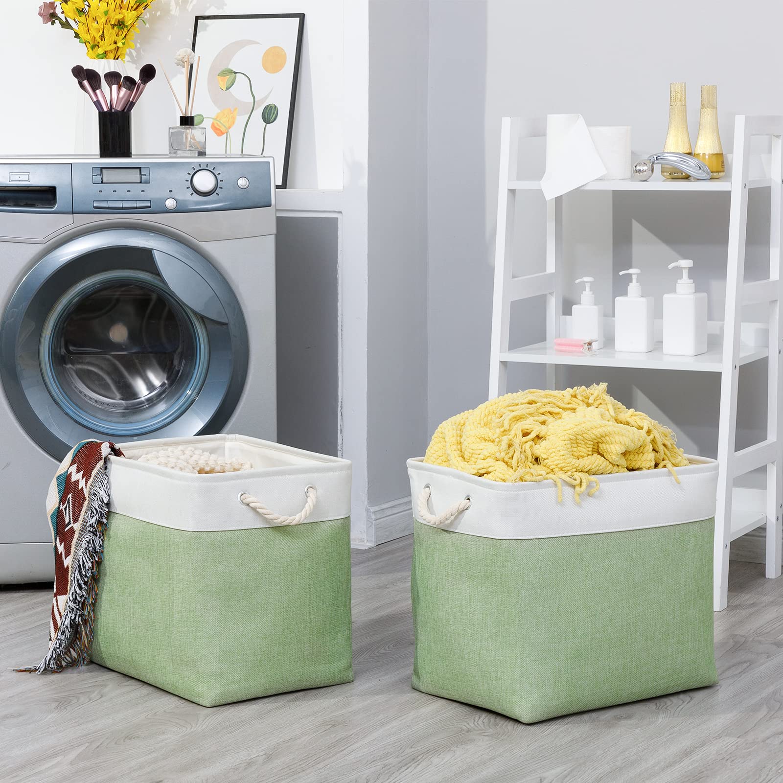 Bidtakay Large Storage Baskets For Nursery Toy Organizer Collapsible Organizing Baskets 17X12X15 In Green Canvas Bins For Organi