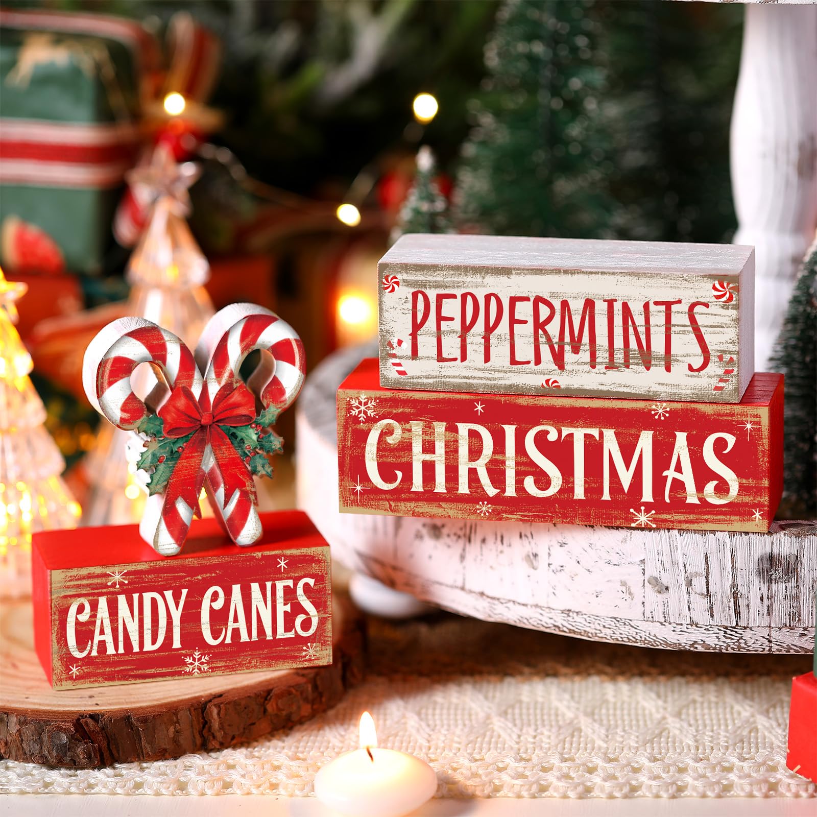 Moucuny 4 Pcs Christmas Candy Cane Table Decor Christmas Wooden Decorative Signage Red and White Stripes Candy Cane Xmas Tiered