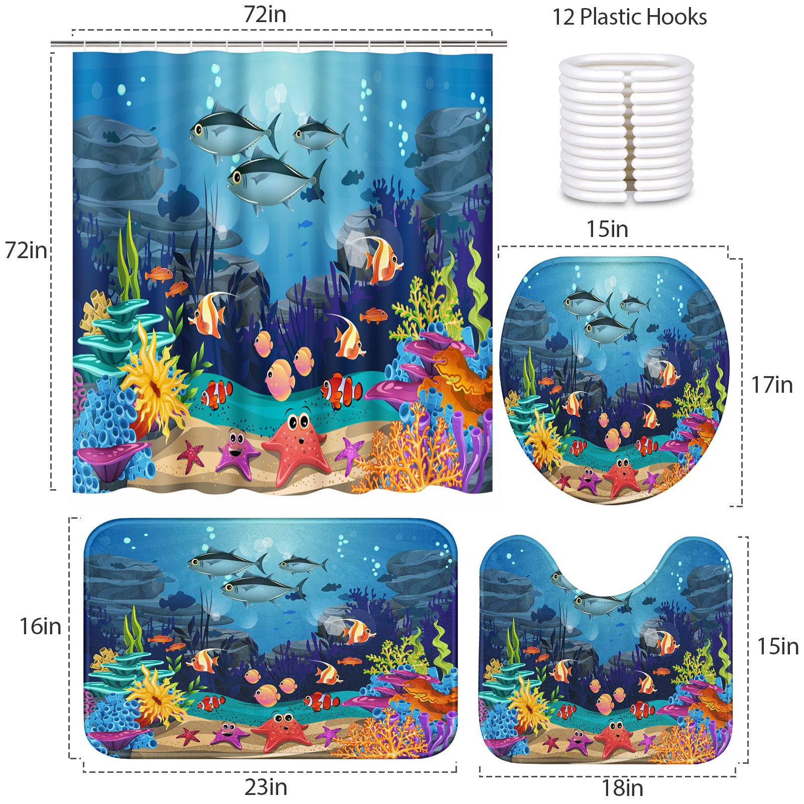 Britimes 4 Piece Shower Curtain Sets  Blue Ocean Fish with Non-Slip Rugs  Toilet Lid Cover and Bath Mat  Durable and Waterproof  for Bathroom Decor Set  72'' x 72''