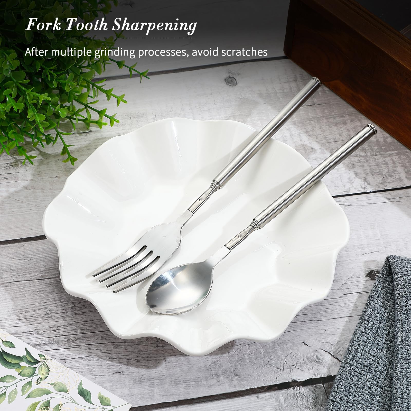 Geetery 2 Pcs Extendable Fork Spoon Set Retractable Extend to 25 Inch Telescopic Spoon Long Telescoping Fork Stainless Steel Din