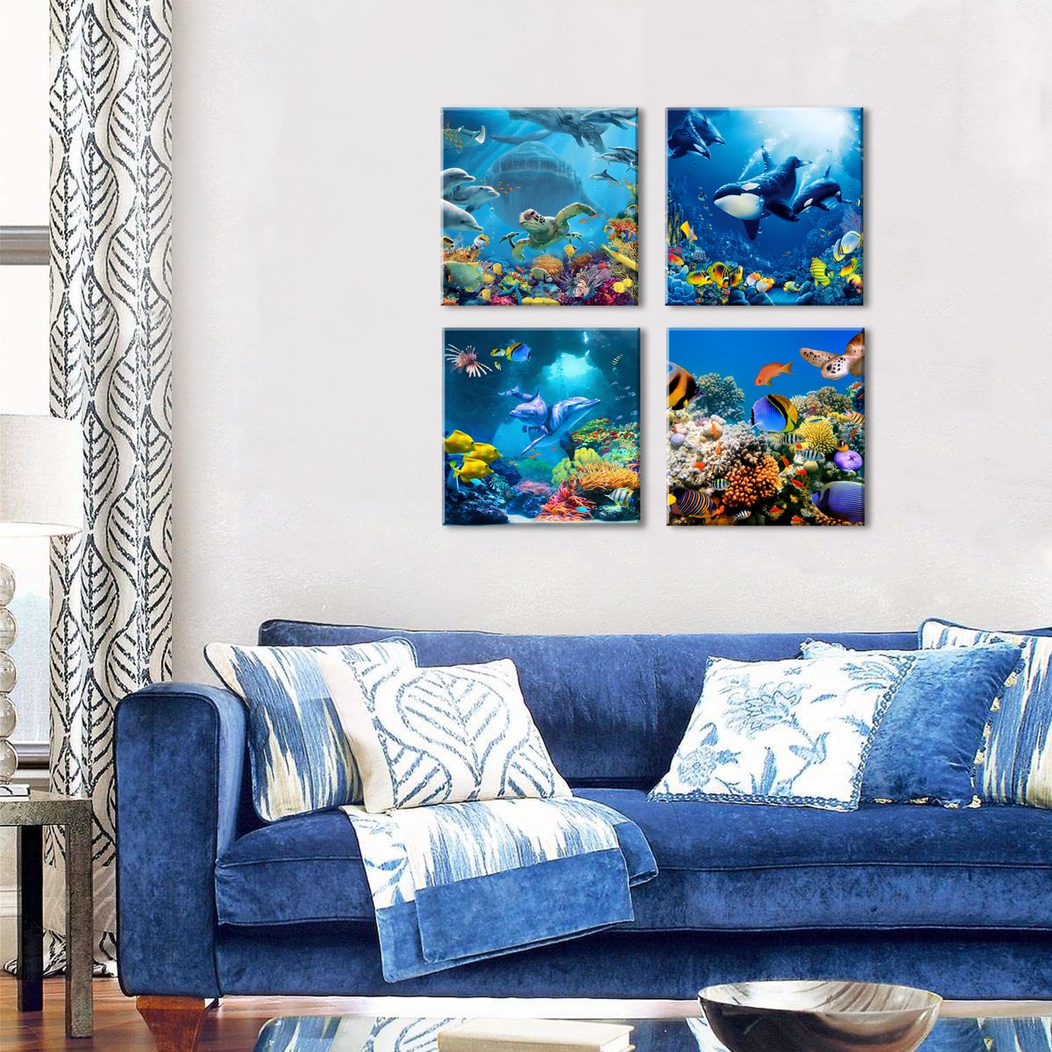 Blue Underwater World Wall Art Ocean Sea Turtle Dolphin Whale Fish Wall Decor For Living Room Coastal Seascape Photo Canvas Prin