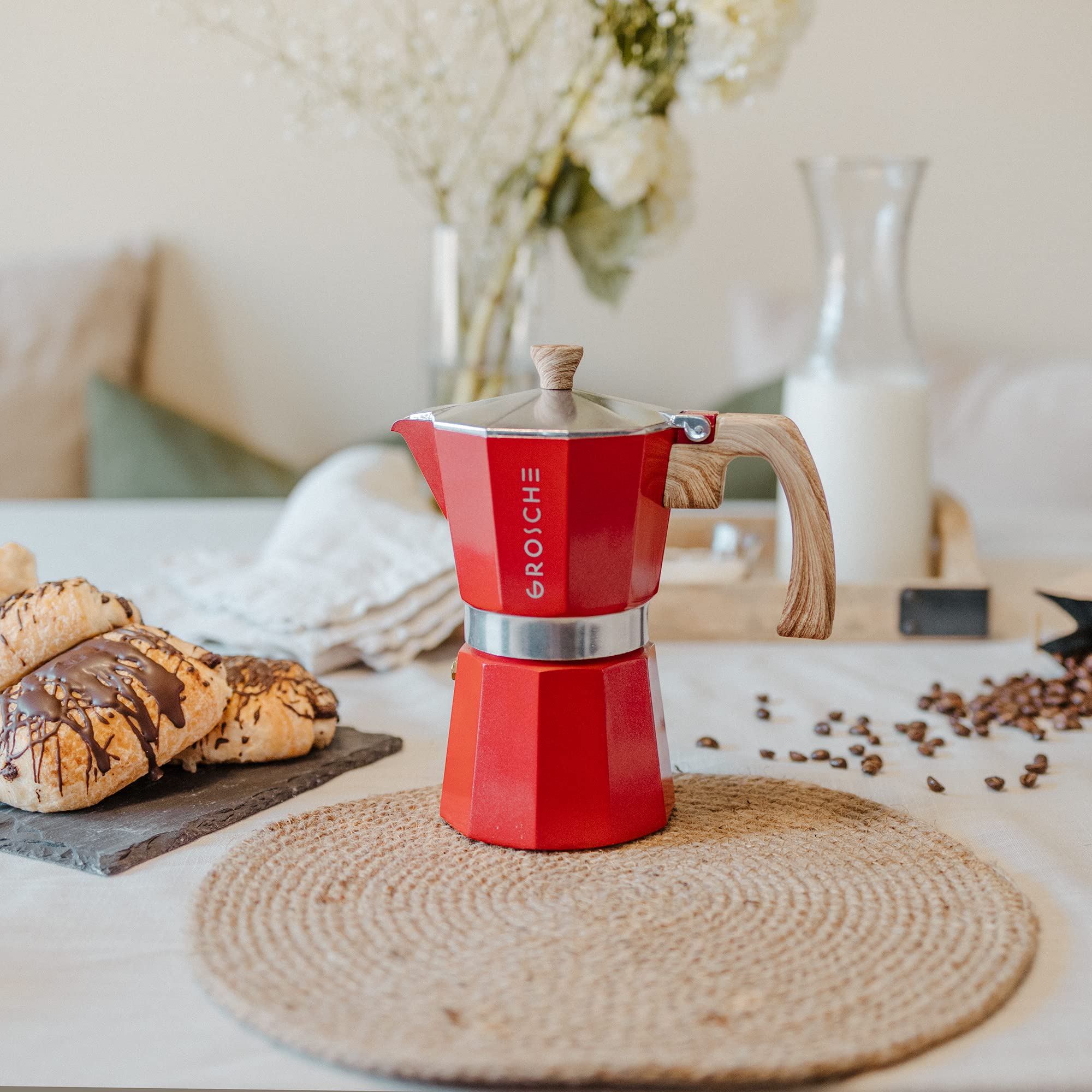 Grosche Milano 6 Espresso Cup, 9.3 Oz Red Stovetop Espresso Maker - Italian Moka Pot