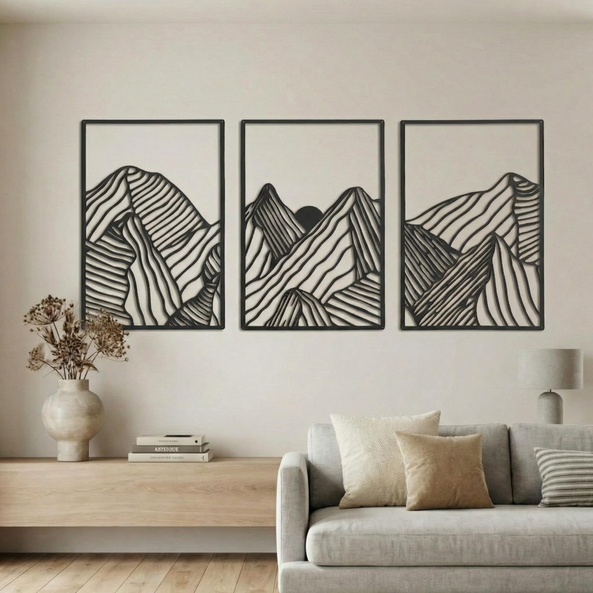 Peryiter 3 Pcs Metal Wall Art Decor Landscape Mountain Wall Hanging Decor for Living Room Abstract Minimalist Modern Mountain Li
