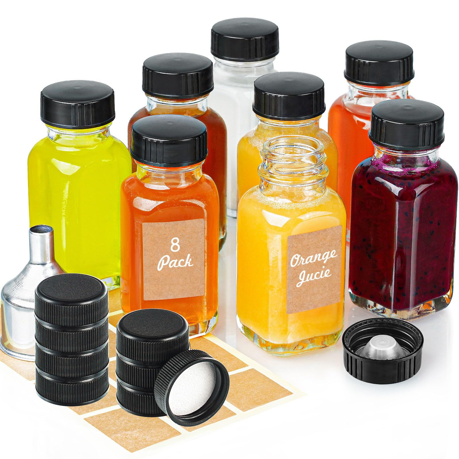 Syntic Clear Reusable Ginger Shot Bottles with Caps - 8 Pack 2 oz Small Square Glass Jars with 8 Sealed Conical Inner Caps & 8 A