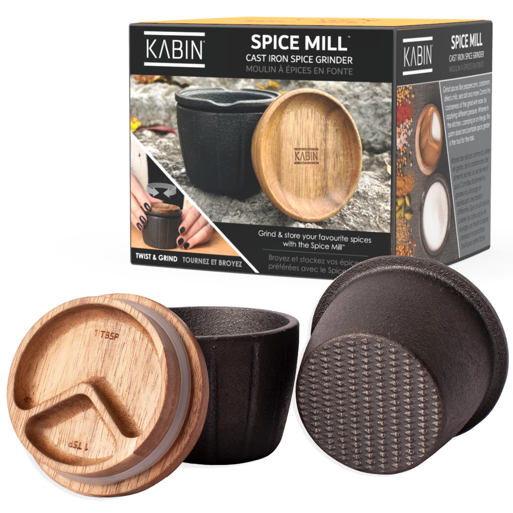 KABIN Spice Mill - Spice Grinder Manual Pepper Mill - Durable Cast Iron Mortar and Pestle Set Herb Crusher - Hand Grind, Measure