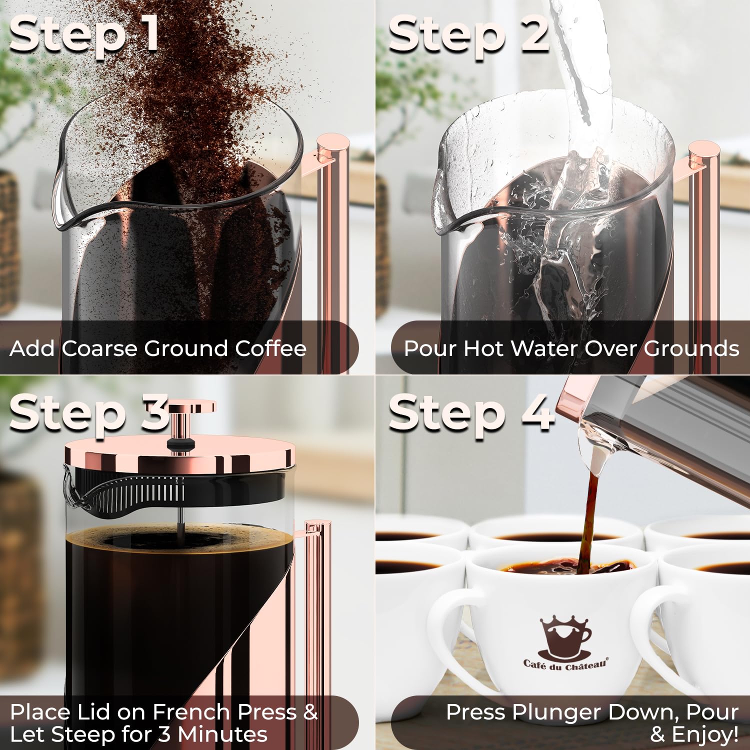 Cafe Du Chateau Stainless Steel French Press Coffee Maker - 34Oz Versatile Coffee Press Coffee Maker With 4-Level Filtration, Bp