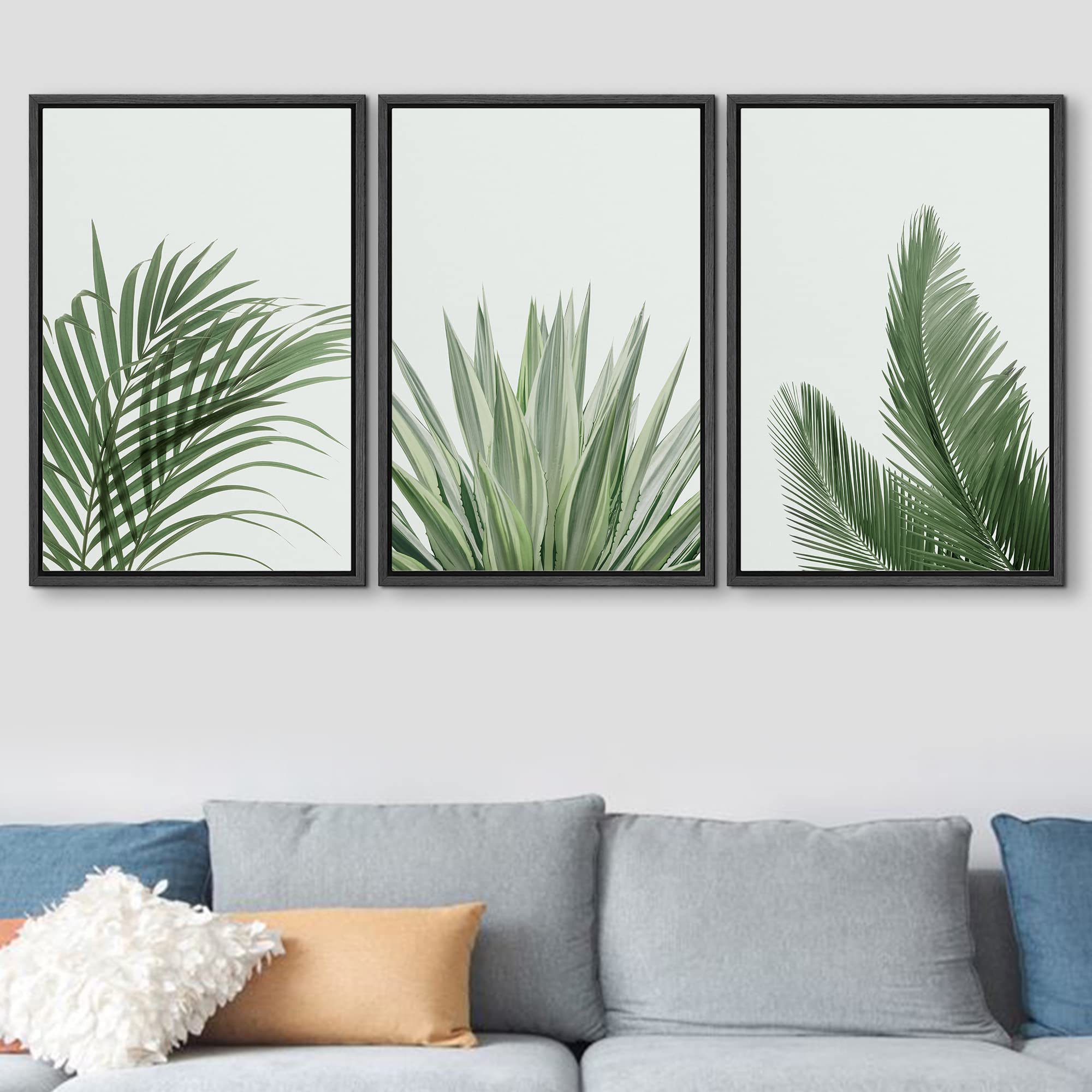 Signford Framed Canvas Print Wall Art Set Rustic Green Retro Tropical Jungle Plants Nature Wilderness Photography Modern Minimal