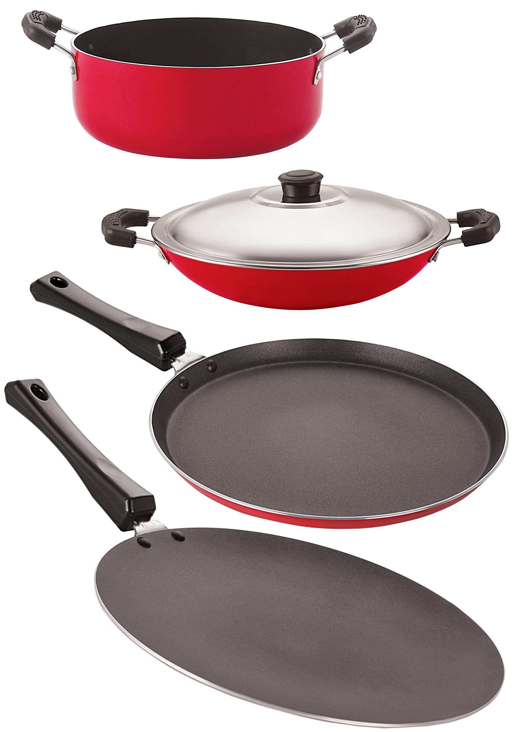 Nirlon NonStick Aluminum Cookware Set, 4Piece, Red And Black (26_Ct_Chatti_Ft11_Cass22)