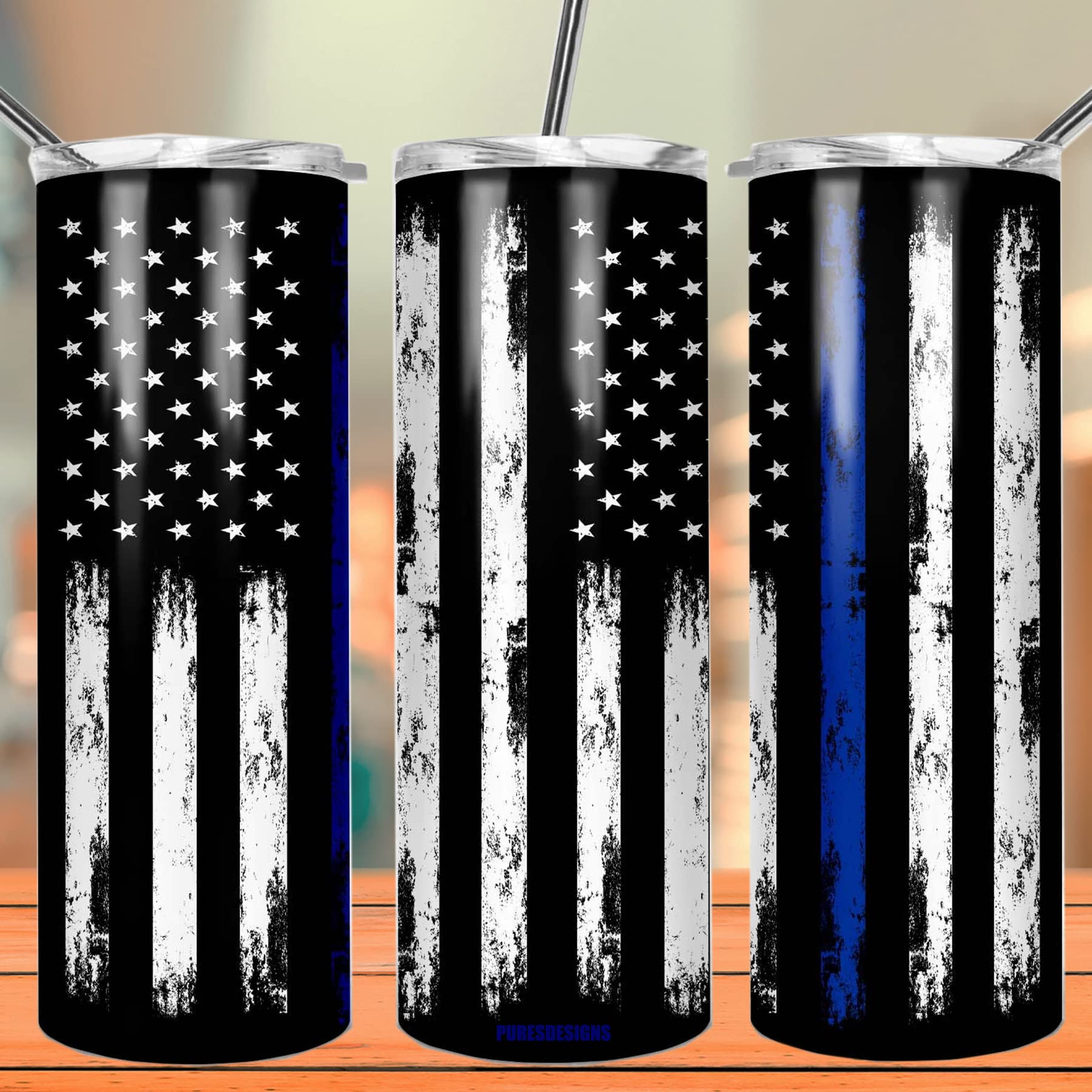 Pure'S Designs Thin Blue Line Police Tumbler-20Oz Travel Mug With Lid For Coffee Cup/Cold Drinks,Graduation,Cops Officer,Law Enf