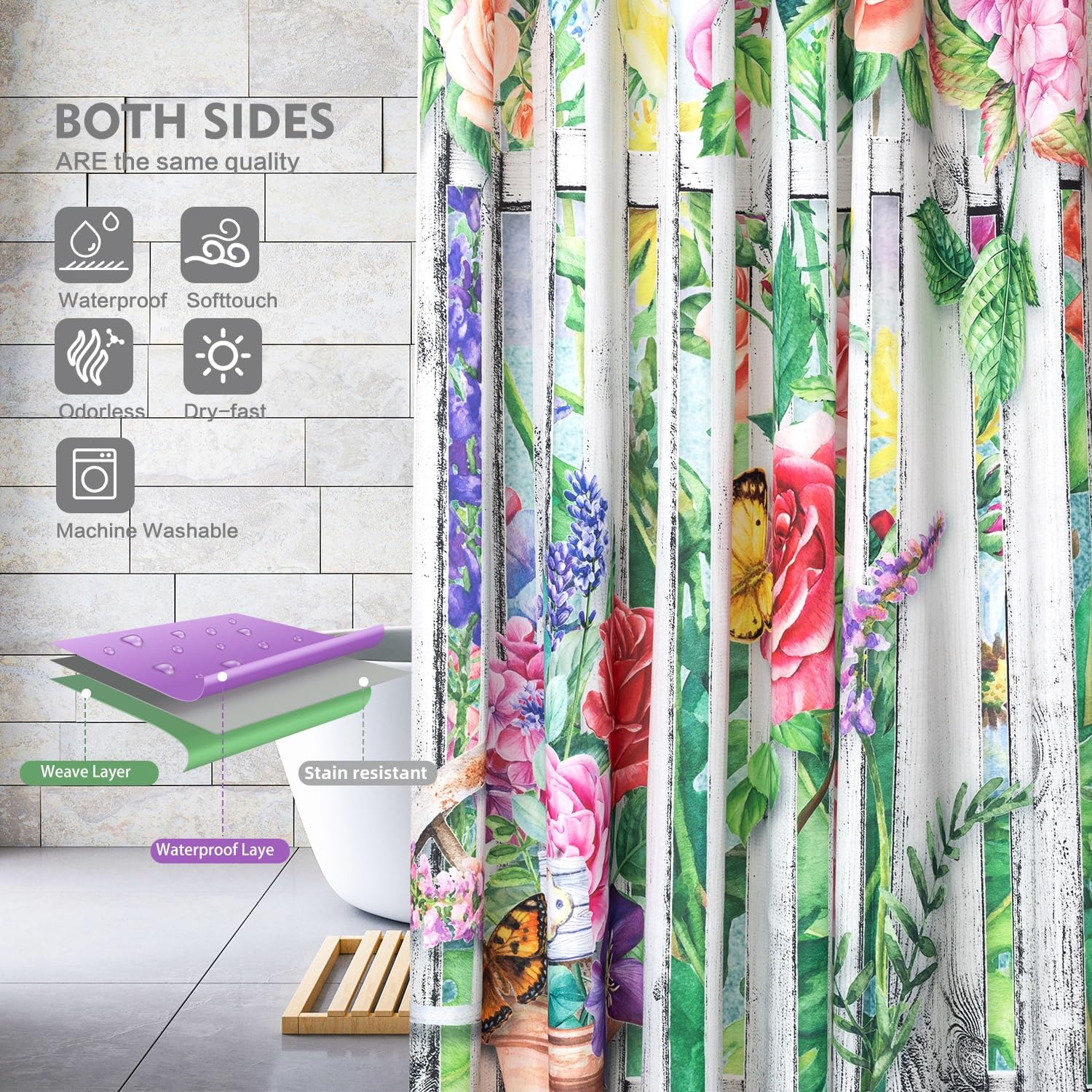 Lokigo Colorful Flower Shower Curtain Modern Farmhouse Shower Curtains For Bathroom Gray Wood Bird Bathroom Shower Curtain Water