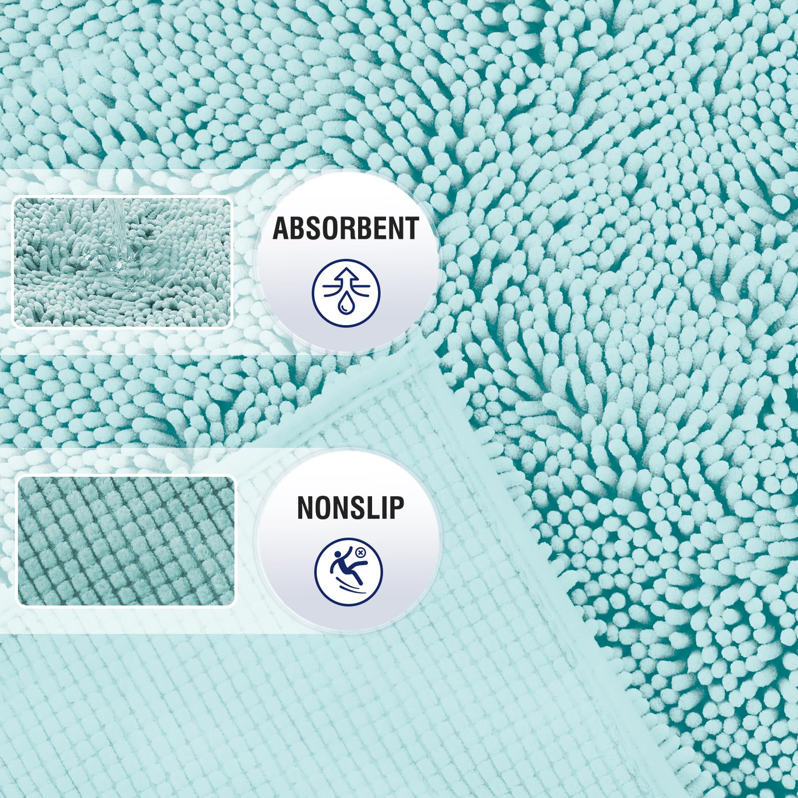 Techmilly Soft Fluffy Chenille Bathroom Rugs, Non Slip Absorbent Bath Mats For Bathroom, Washable And Quick Dry, Light Blue, 20'