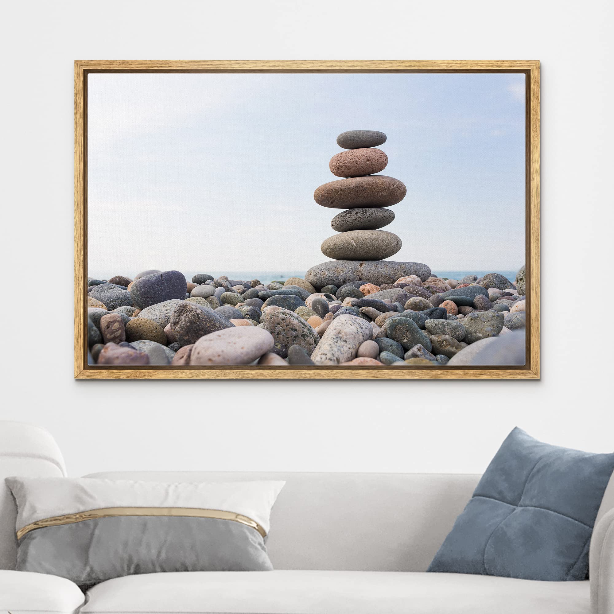Wall26 - Framed Canvas Prints Wall Art - Zen Stones Balance, Pebbles Stack Over Blue Sea | Modern Wall Decor/Home Decoration Str