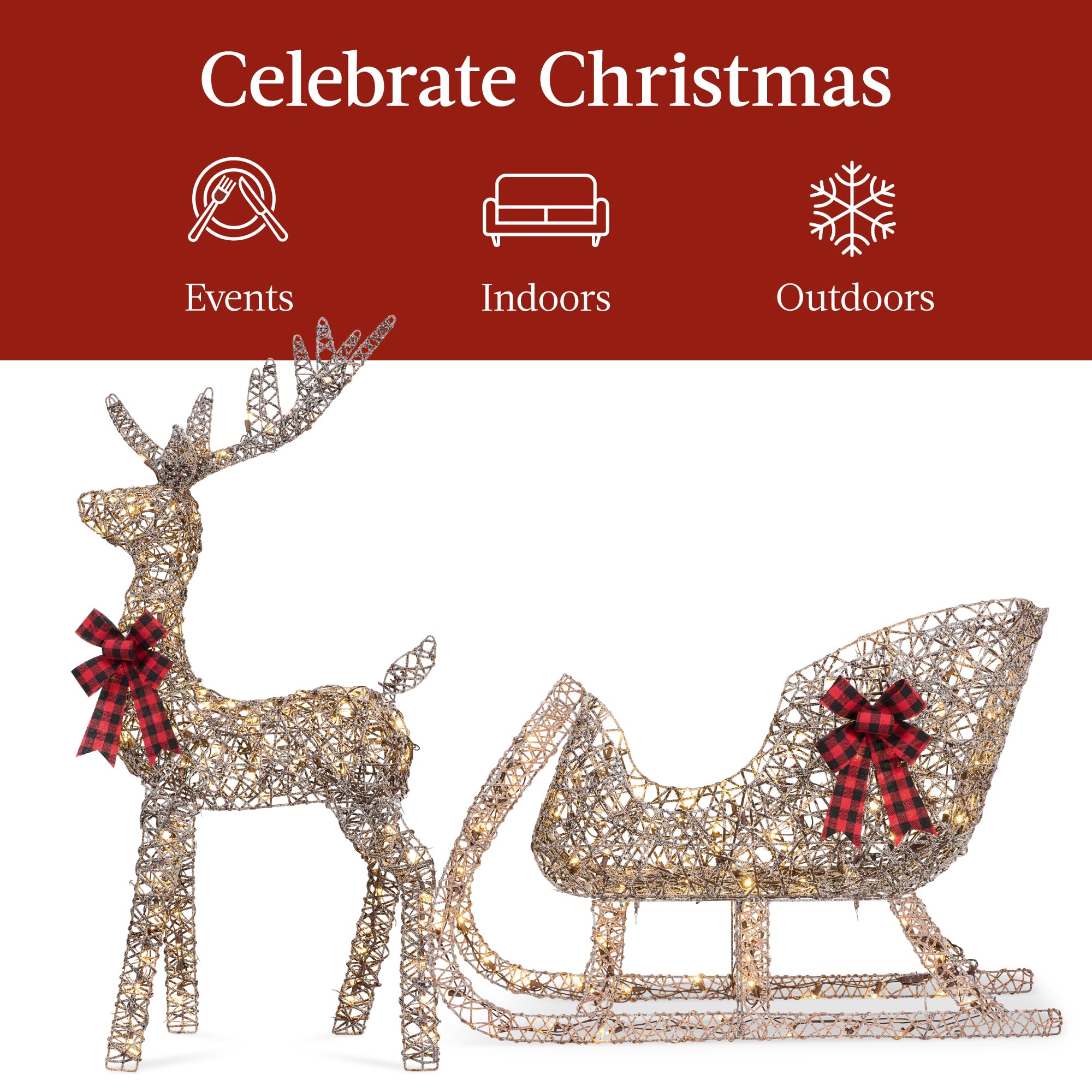 Best Choice Products Lighted Christmas Reindeer & Sleigh Set - 4ft, 205 LED Lights, Rattan, Large, Model SKY10174