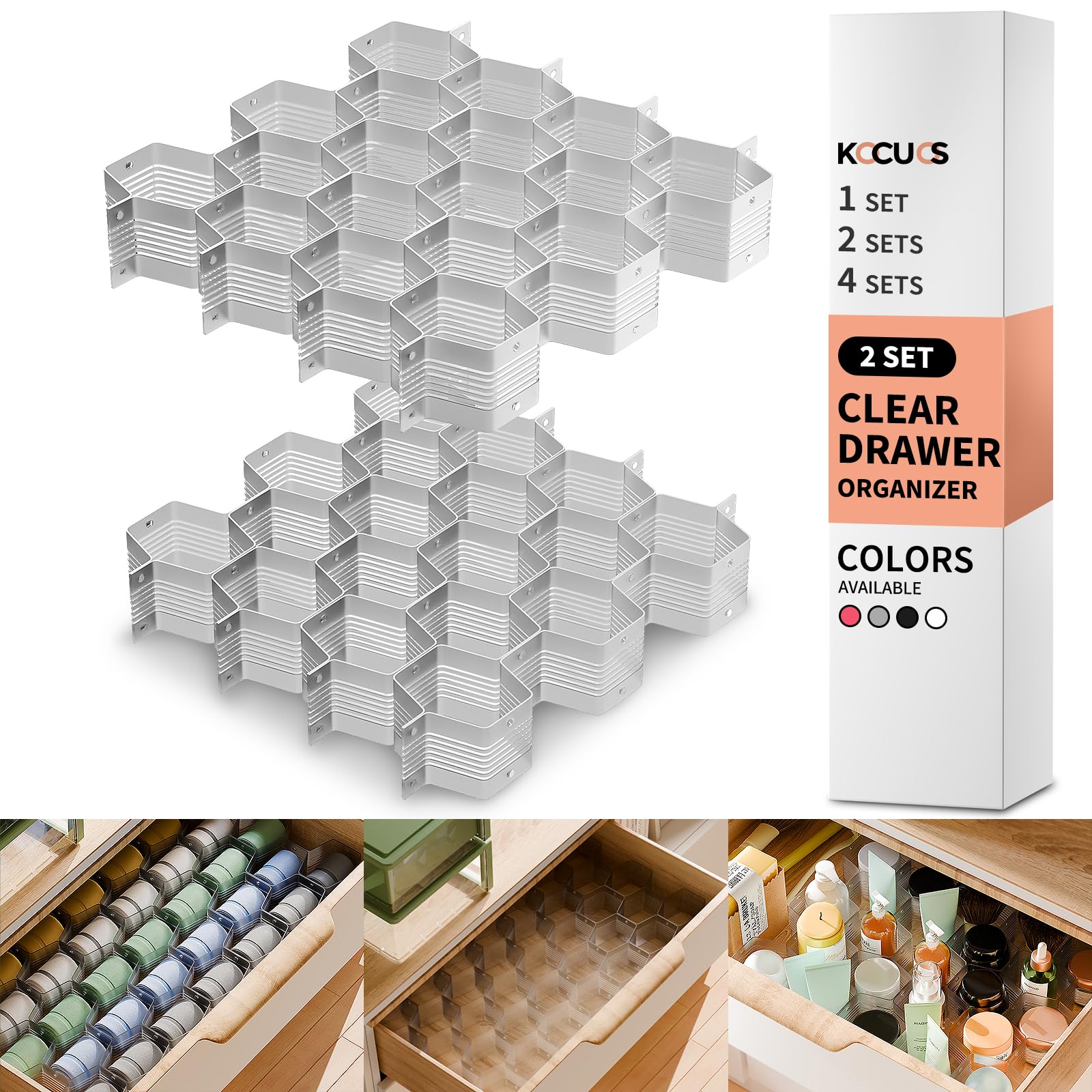 Kocuos Honeycomb Separator Adjustable Drawer Organizer Divider for Underwear Belt-Scarf Socks Organizer (Gray(2pcs))