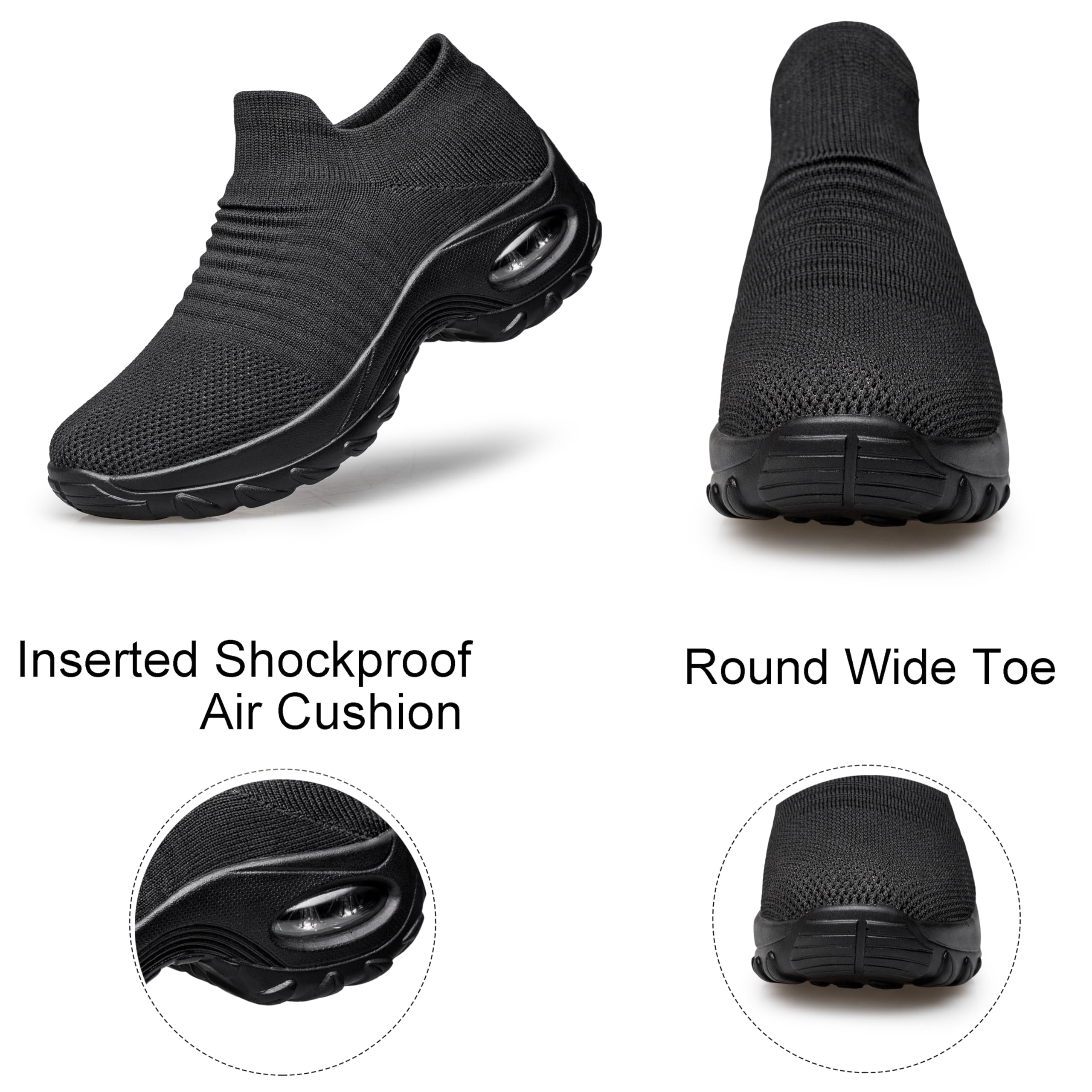 Yhoon Womens Walking Shoes - Sock Sneakers Slip On Mesh Platform Air Cushion Athletic Shoes Work Nurse Comfortable Black 9