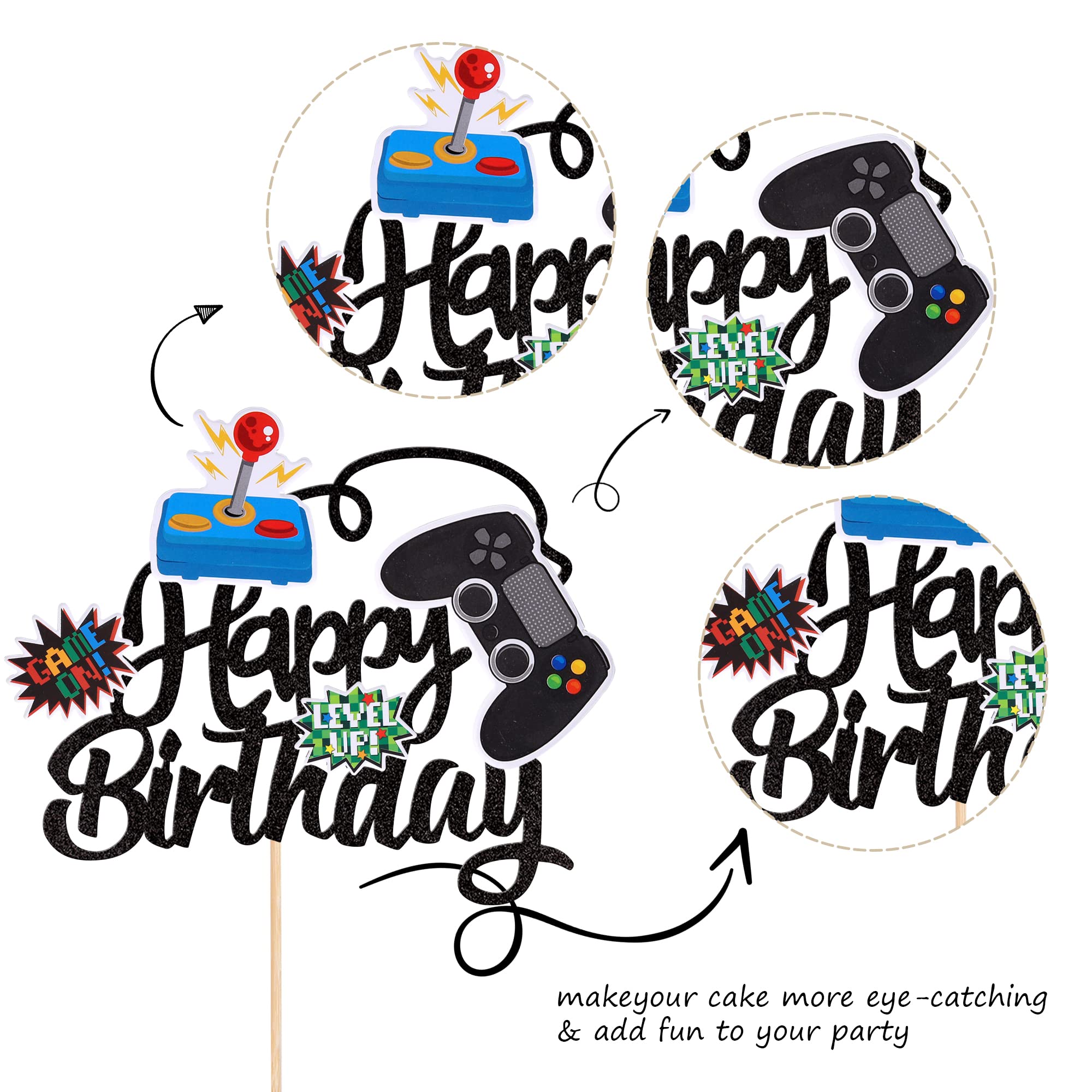 1 Pcs Video Game Happy Birthday Cake Topper Glitter Video Game Cake Pick Game On Controllers Gamepad Cake Decoration For Game Th