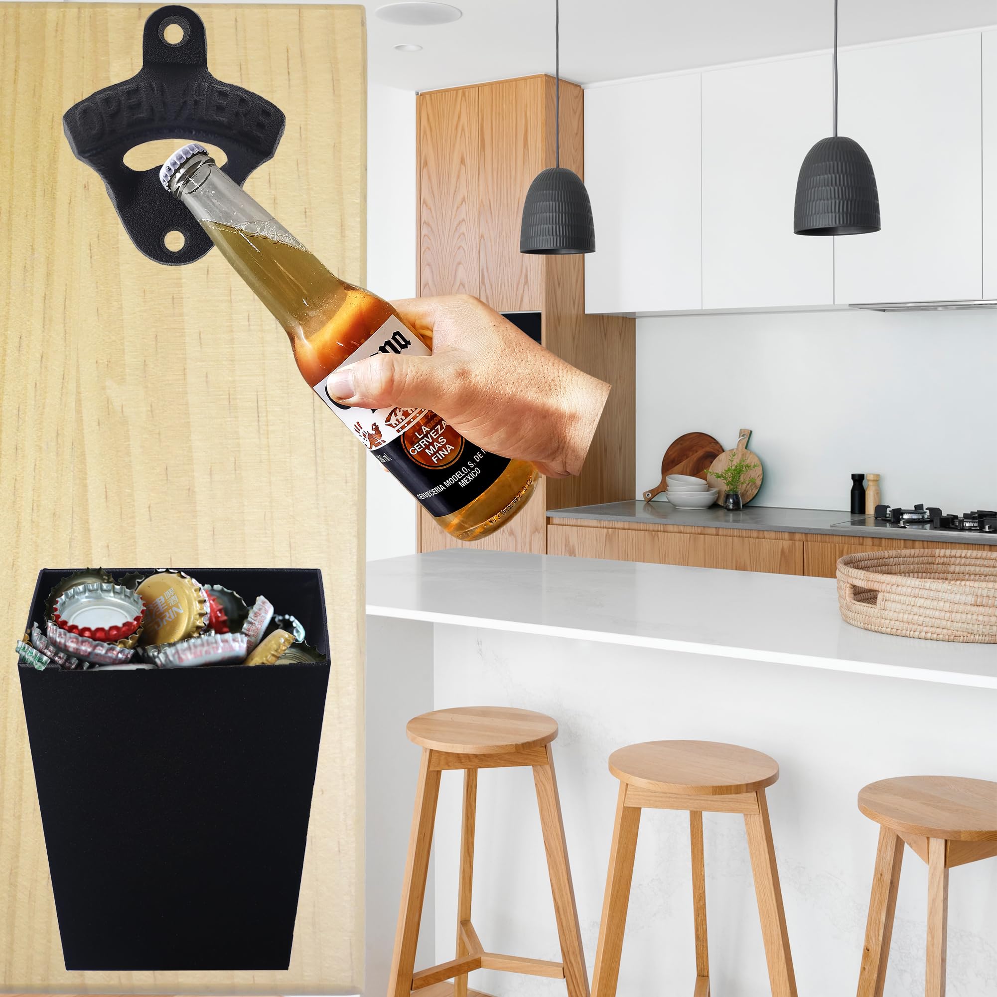Jumiok Satin Black Cast Iron Bottle Opener Wall Mounted With Bottle Cap Catcher Narrow