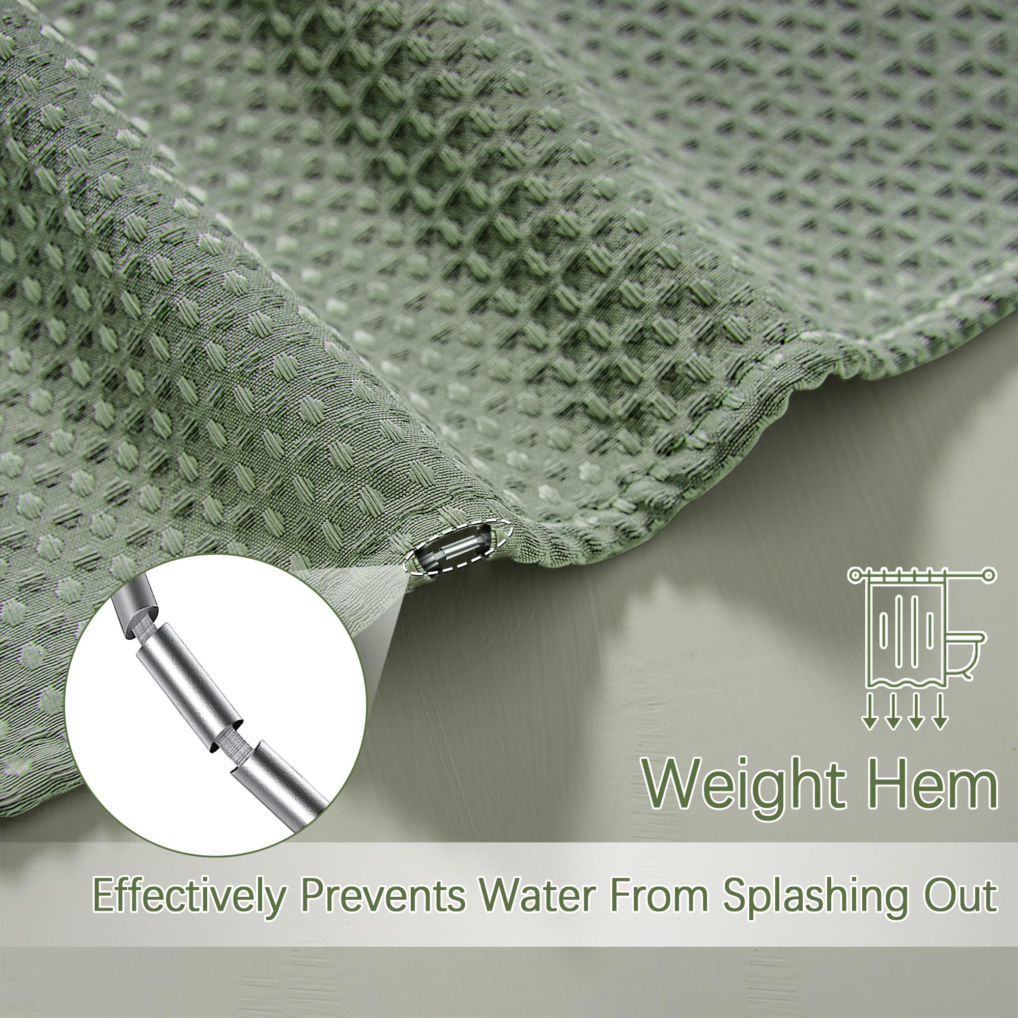 Pangsinne 60 Inch Waffle Shower Curtain - Heavy Duty Thick Fabric Green Shower Curtains For Bathroom, Weighted Hotel Spa Luxury