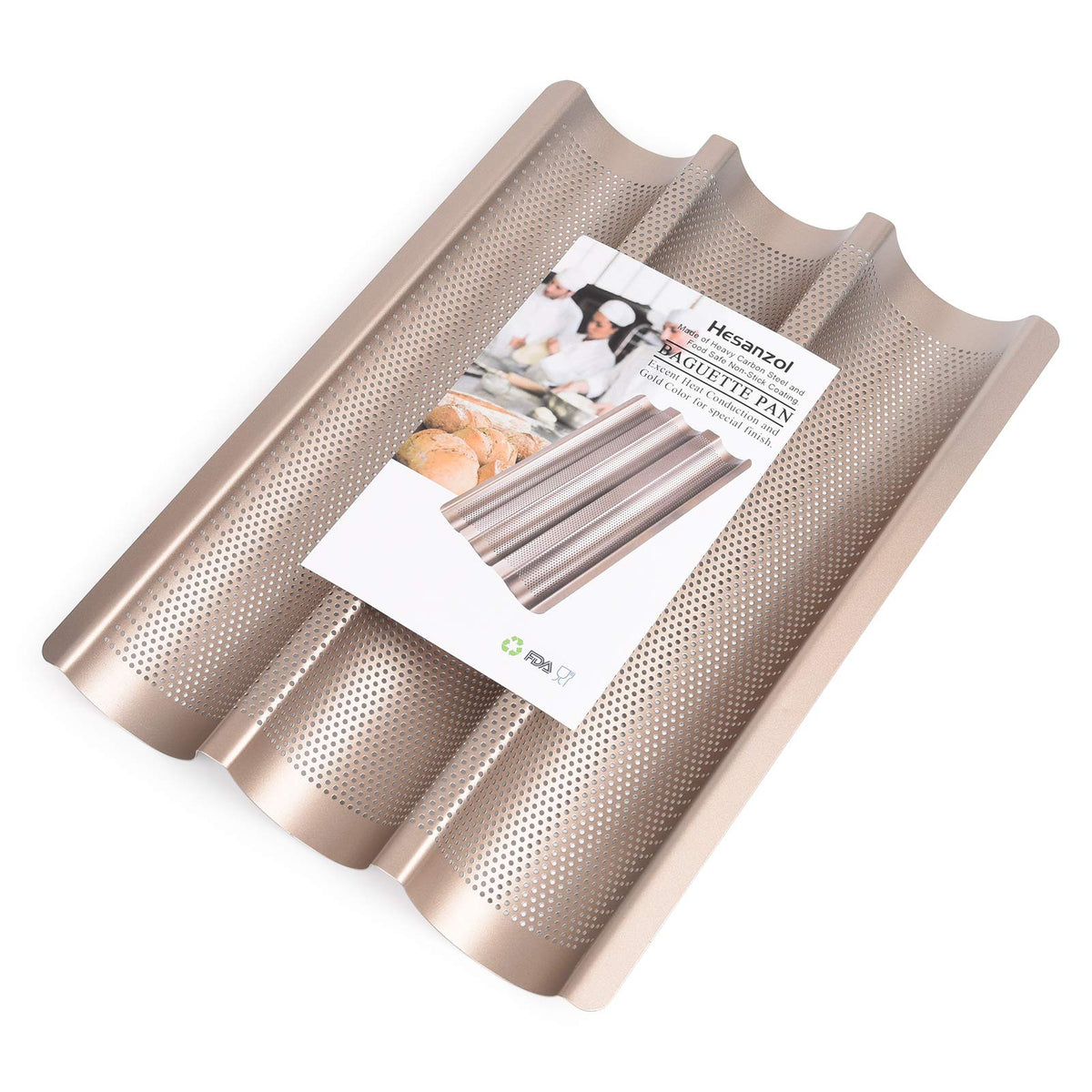 Hesanzol Baguette Pans For Baking 15'' X 11'', Carbon Steel 3 Loaf Nonstick Baguette Baking Tray For French & Italian Perforated
