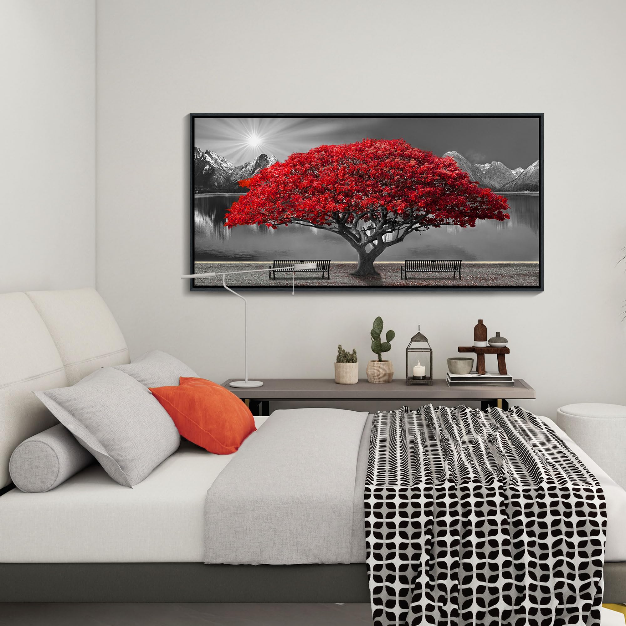 Framed Black And White Red Tree Wall Art Canvas Print Picture Large Red Tree Landscape Modern Artwork For Living Room Bedroom Of