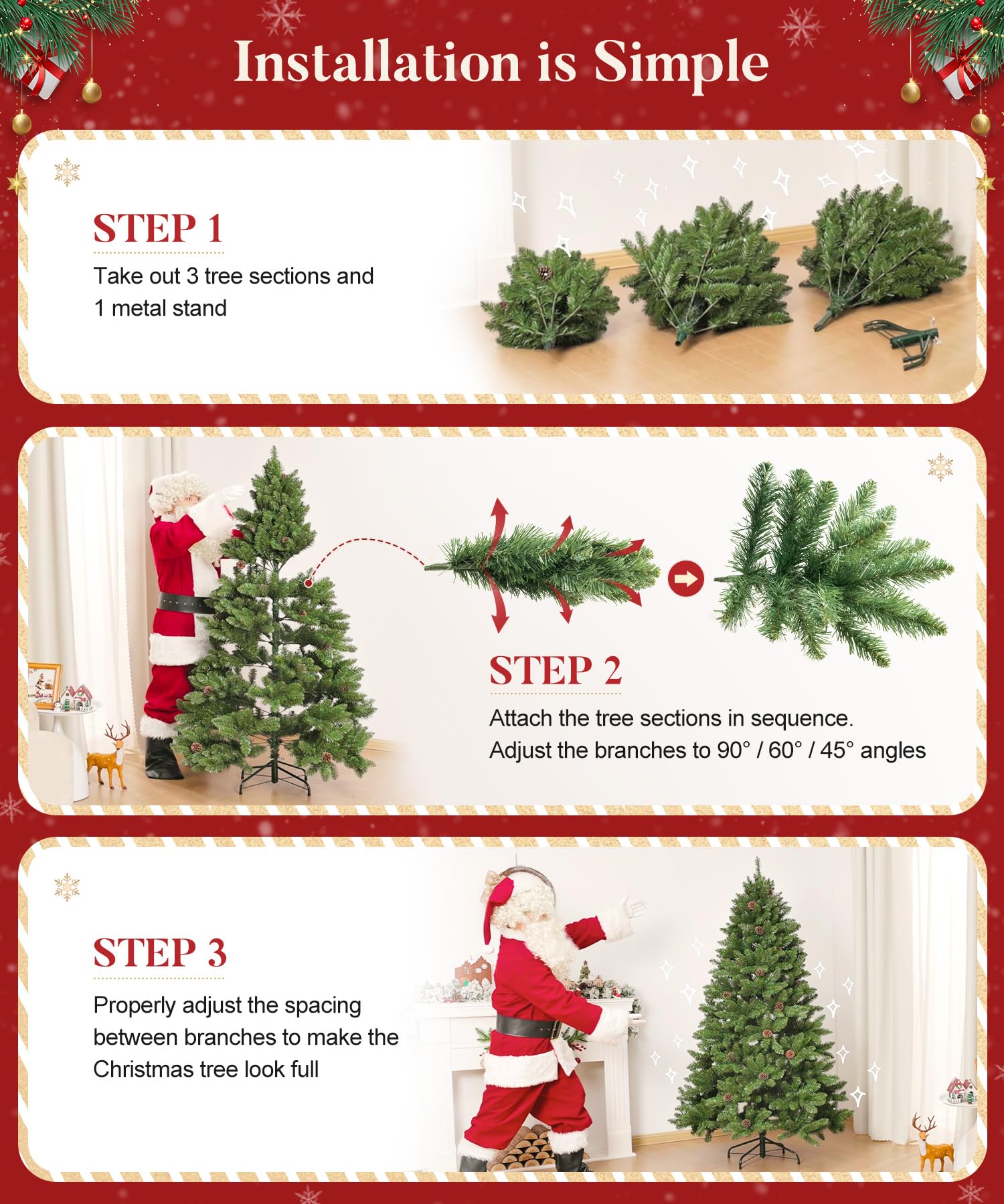 Decoway 6FT Artificial Christmas Tree: Unlit Green Xmas Pine with Pinecones and Metal Stand for Indoor - Holiday Decoration for