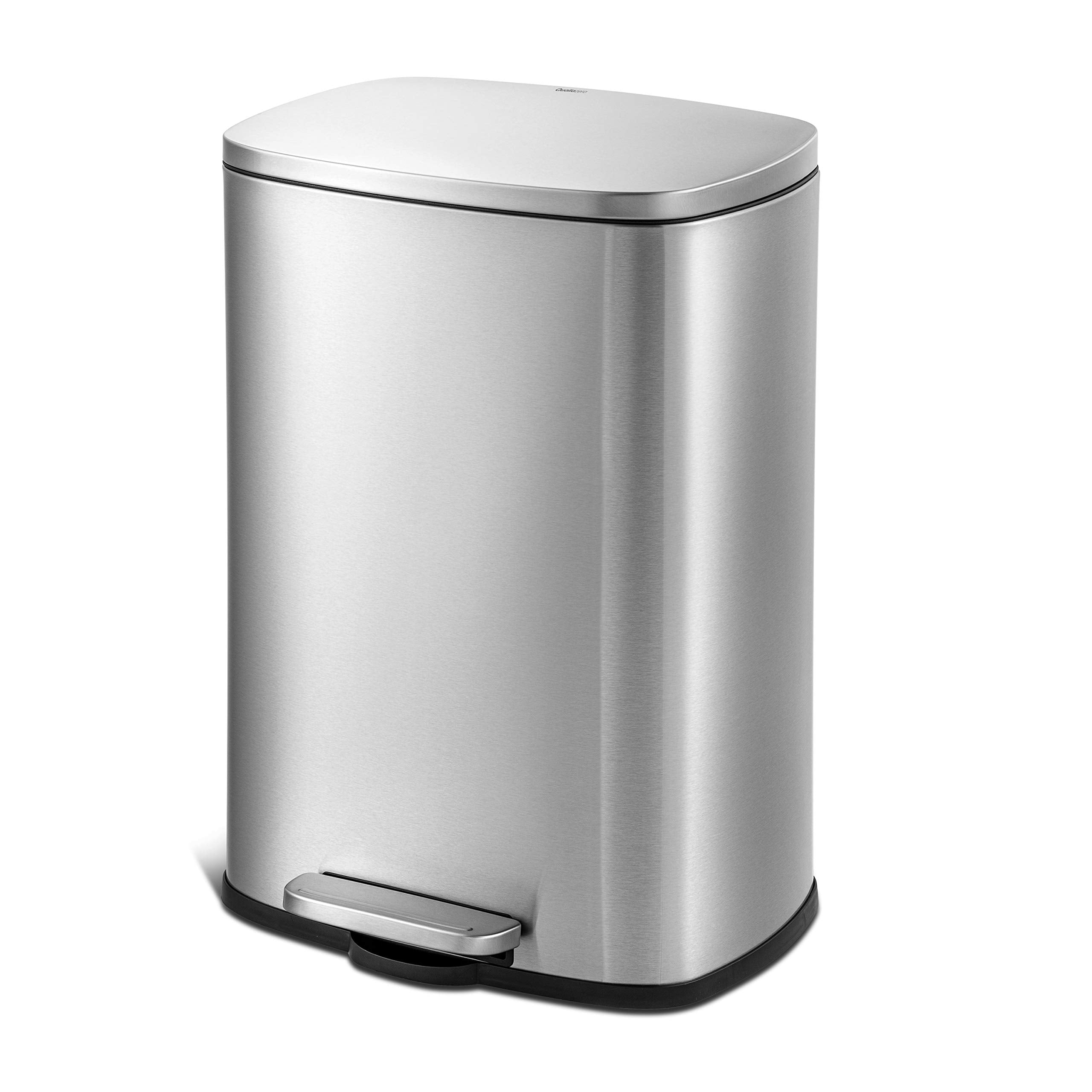 Qualiazero 50L/13Gal Heavy Duty Hands-Free Stainless Steel Commercial/Kitchen Step Trash Can, Fingerprint-Resistant Soft Close L