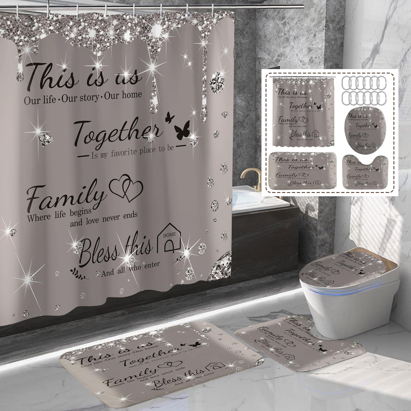 Juwute 4Pcs Family Shower Curtain Sets With Non-Slip Rugs, Toilet Lid Cover And Bath Mat,Grey Glitter Diamond Home Bathroom Deco