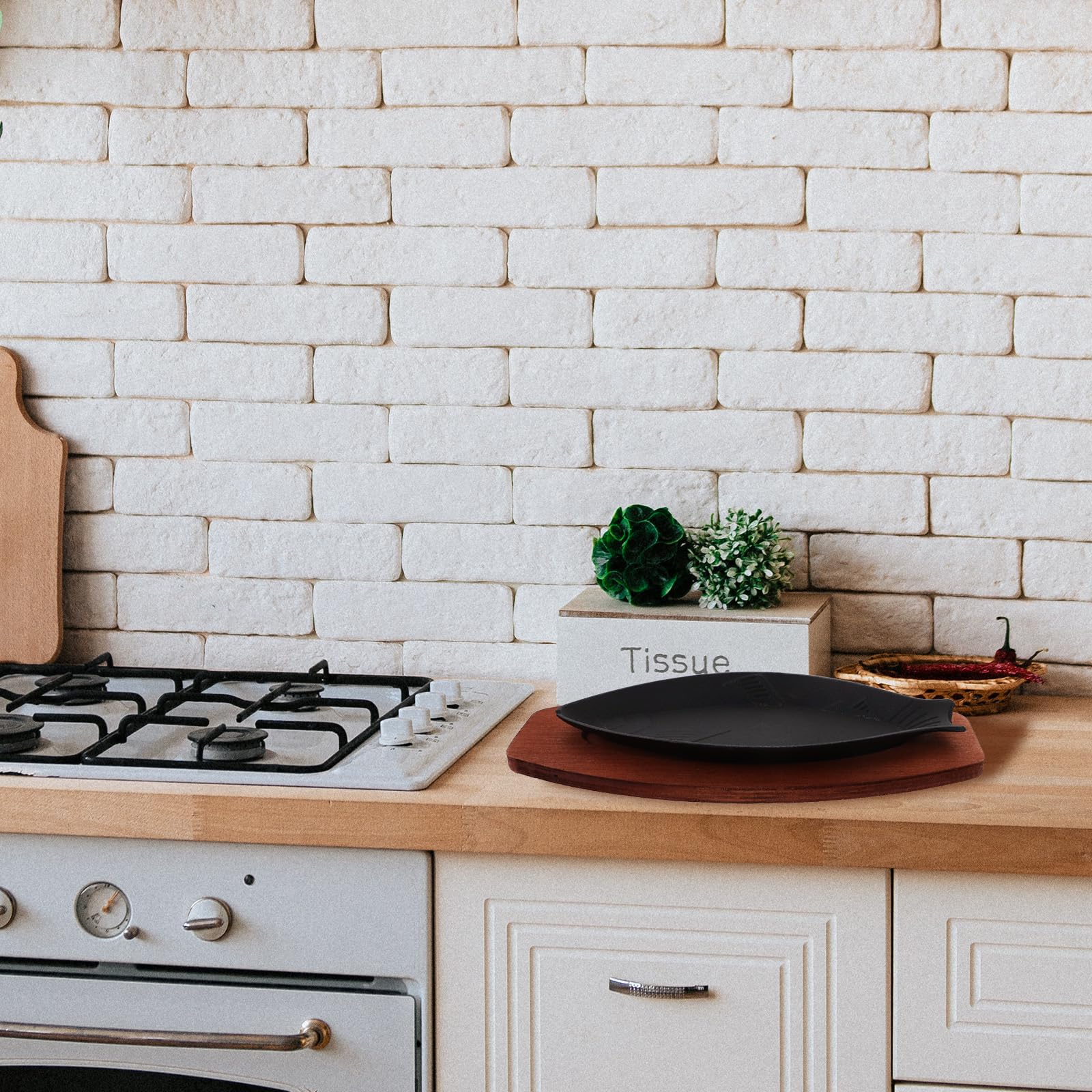 Angoily Cast Iron Fish Pan: Small Fish Frying Pan Skillet With Wooden Base For Restaurant Kitchen Grilling Meats Sizzling Plate