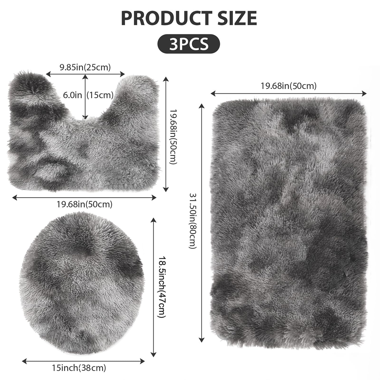 3 Piece Thicken 0.4'' Bath Rugs Set For Bathroom  Contour Mat + Toilet Seat Cover  Super Long  Soft Microfiber  Water Absorbent & Non-Slip with PVC Point Rubber Backing (Grey)