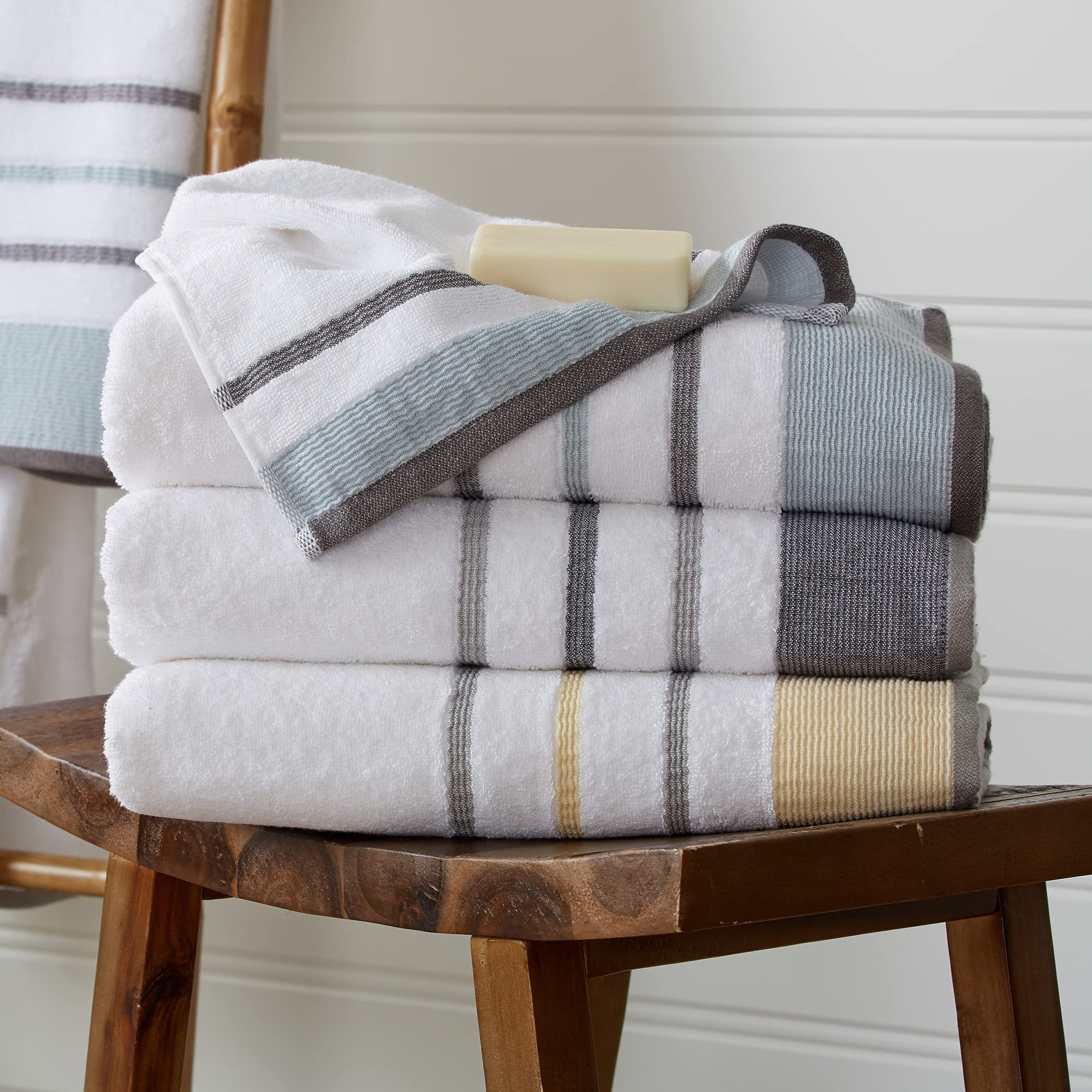 Great Bay Home Cotton, Striped Hand Towel Set (16 X 30 Inches) Oversized Decorative Luxury Hand Towels. Noelle Collection (Set O