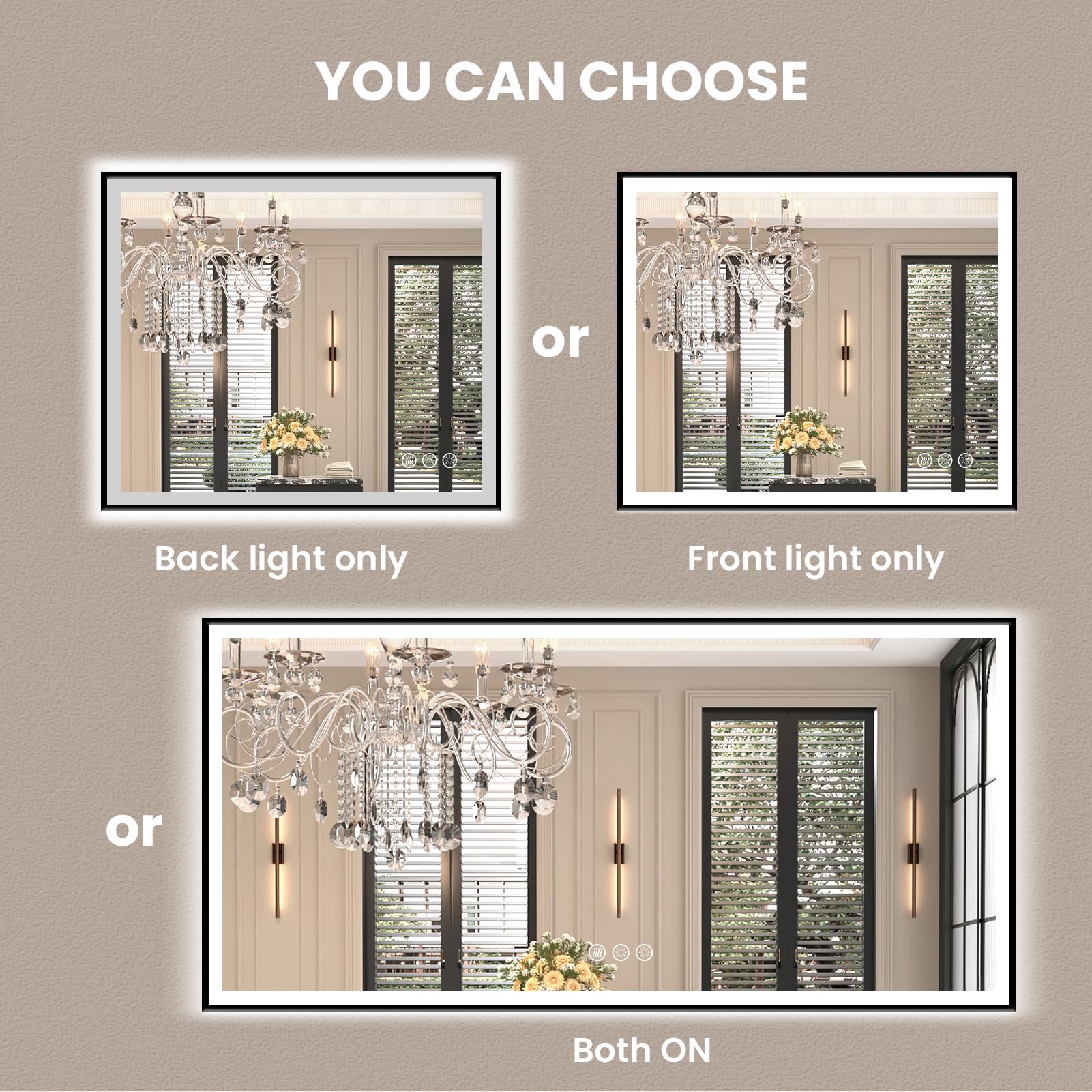 Amorho 72''X 36'' Led Bathroom Mirror With Black Frame, Front Light And Backlit(Controlled Separately), Stepless Dimmable, Anti-