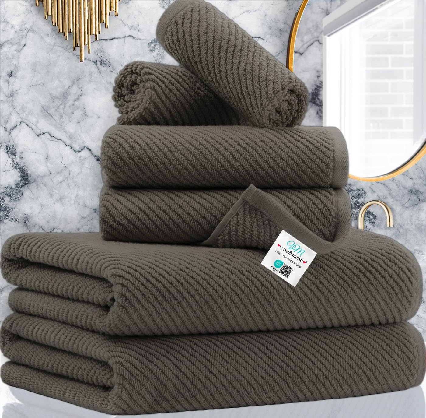 Brown Towels Bathroom Set, Luxury 6Pcs Gift Set, 2 Large Bath Towels 30''?6'', 2 Hand Towels 18''?8'', 2 Washcloths 13''?3'', 10