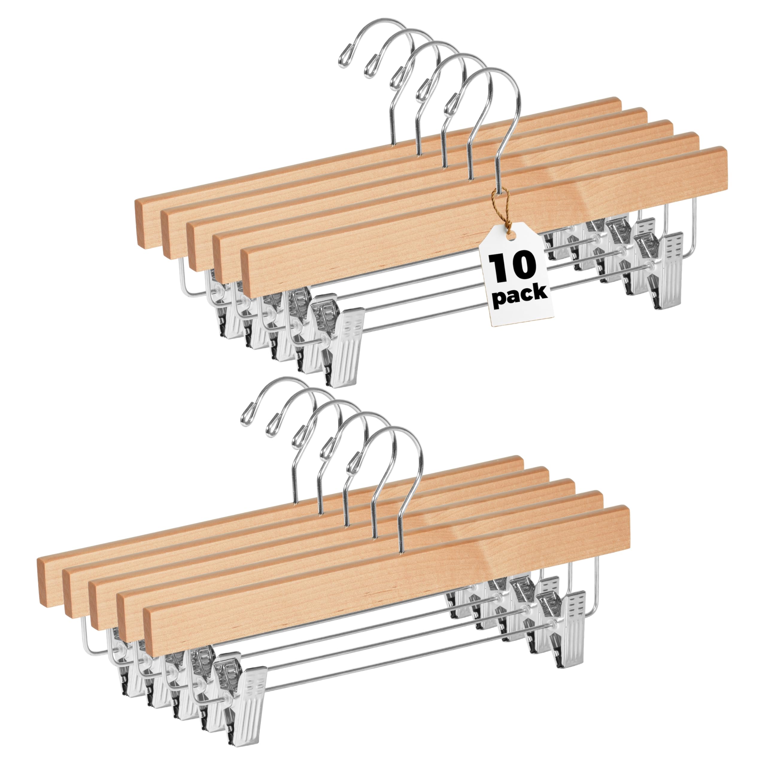 Quality Hangers Wooden Pants Hangers - 10-Pack Swivel Hook Cloth Hanger Set - Lotus Wood Skirt  Pant  Shorts and Slack Hangers with Adjustable Clip - Natural Clothing Hanger Set in 6 Modern Colors