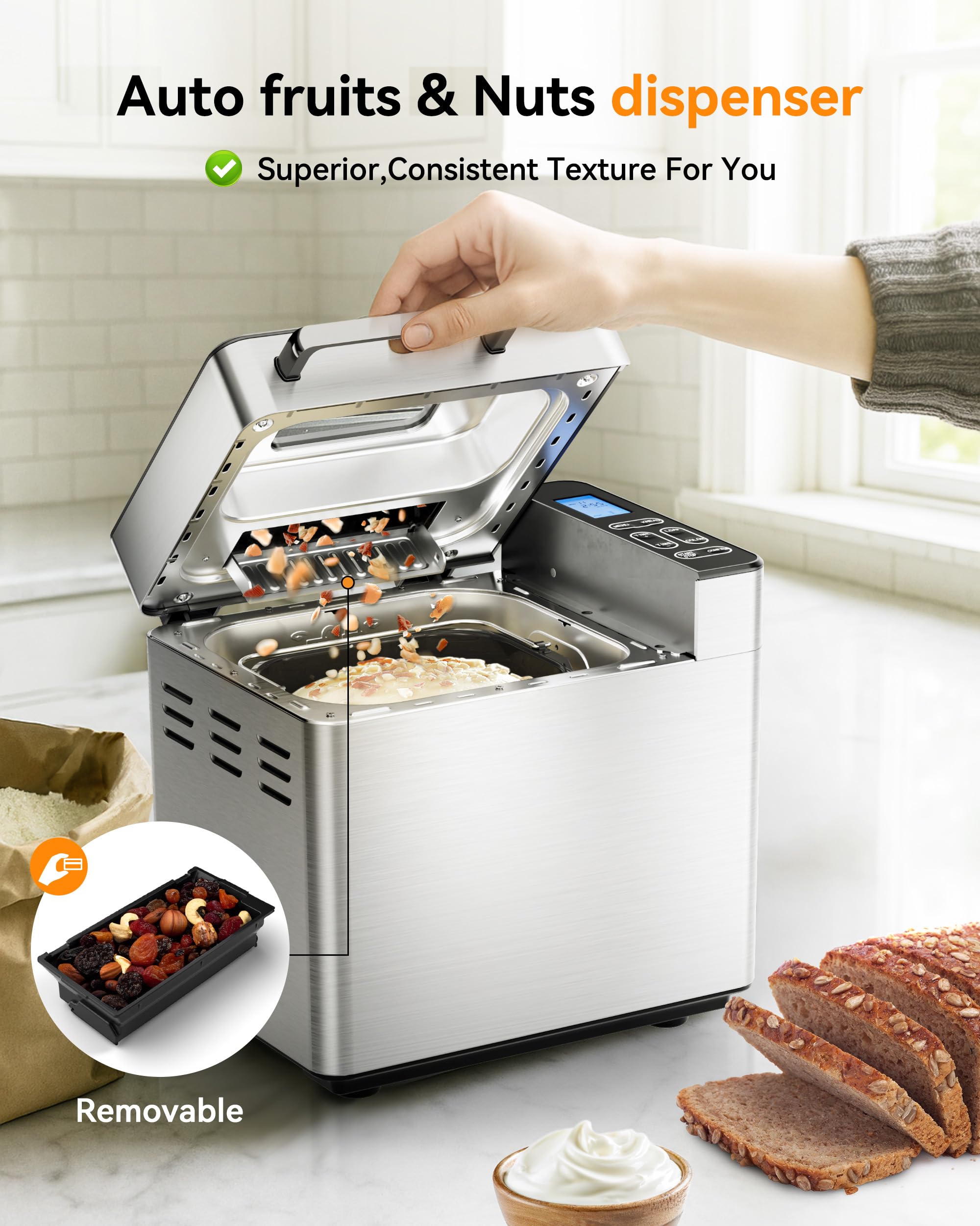 EUHOMY Bread Maker Machine 13 Program 2LB Bread Maker, Bread Machine with 3 Loaf Sizes and 3 Crust Colors, Breadmaker with Fruit