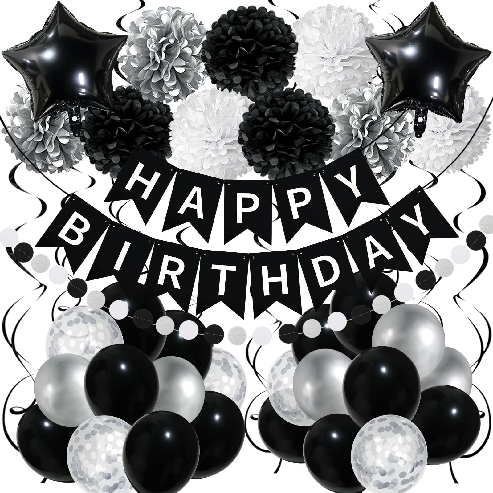 Recosis Black White Birthday Decorations, Happy Birthday Decorations With Banner For Boys Girls Men Women Birthday Party Decorat