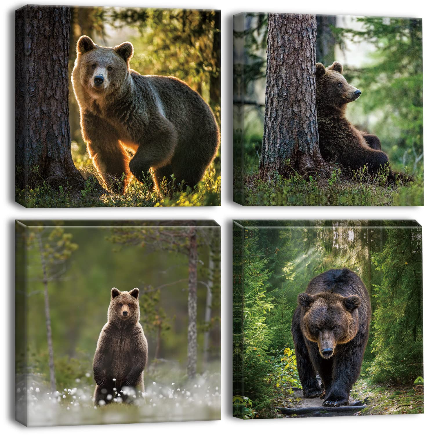 Otostar 4 Pieces Wall Art Canvas Prints - Forest And Bear Picture Painting - Modern Wall Artwork Framed For Gifts Bathroom Home