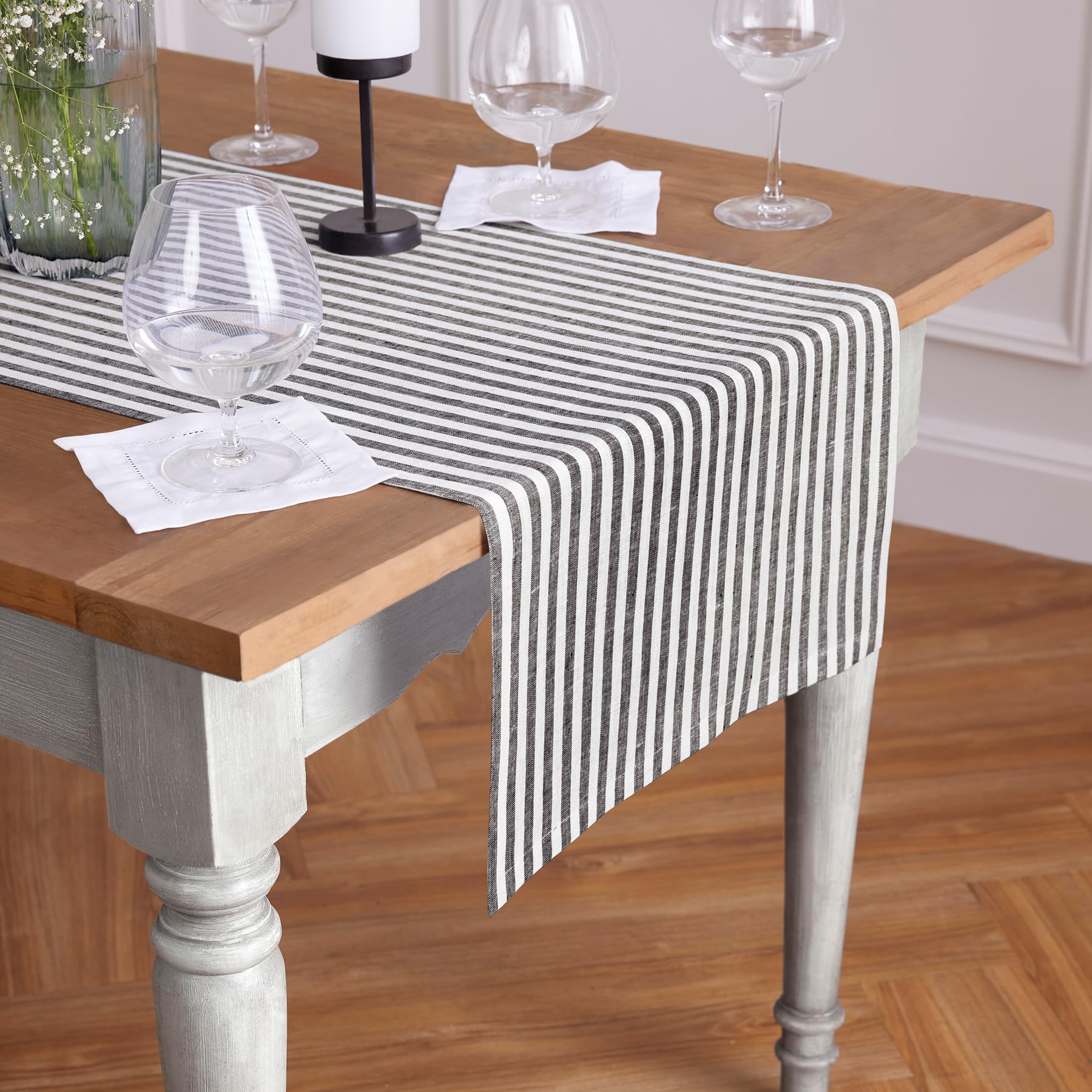 Solino Home Stripe Linen Table Runner 108 Inches Long - 100% Pure Linen Black And White Dining Table Runner 18 X 108 Inch Ideal