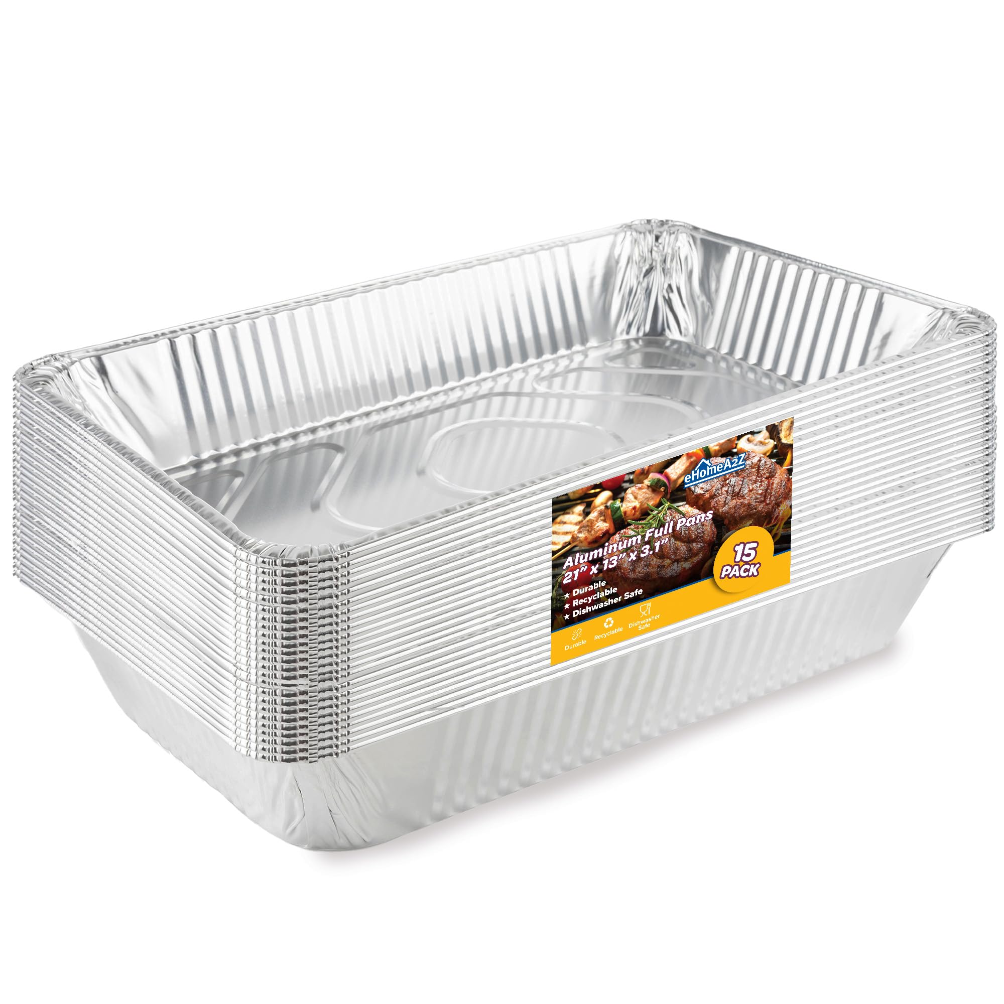 Ehomea2Z Large Aluminum Pans (15 Pack) Full Size Deep Foil Disposable Durable Large Steam Table Pans For Baking Serving, Chafing