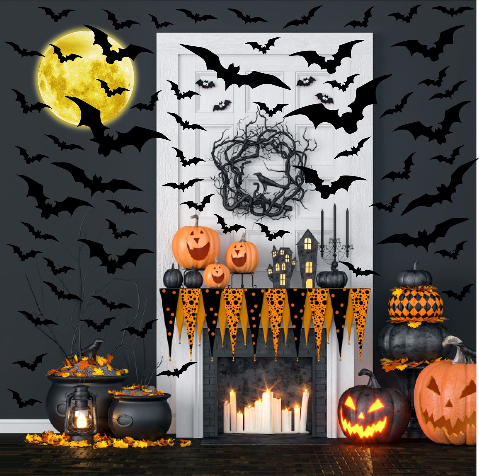 Halloween Moon Wall Decal Halloween Bat Wall Stickers Vinyl Bat Wall Decals Removable Halloween Wall Sticker Halloween Bats Wall