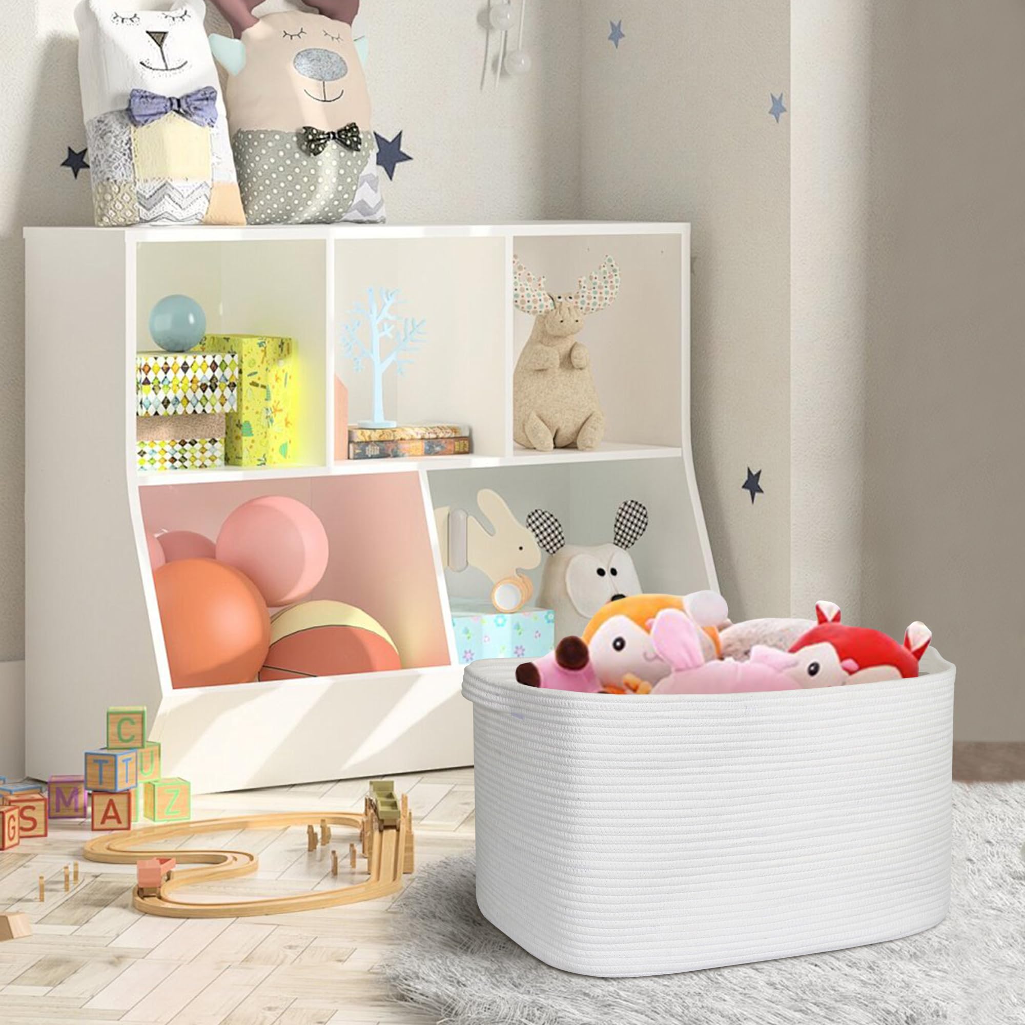 Megasket Extra Large White Storage Basket, 23.6'' X 17'' X 12'' Rectangle Blanket Basket Living Room, Woven Cotton Rope Basket,