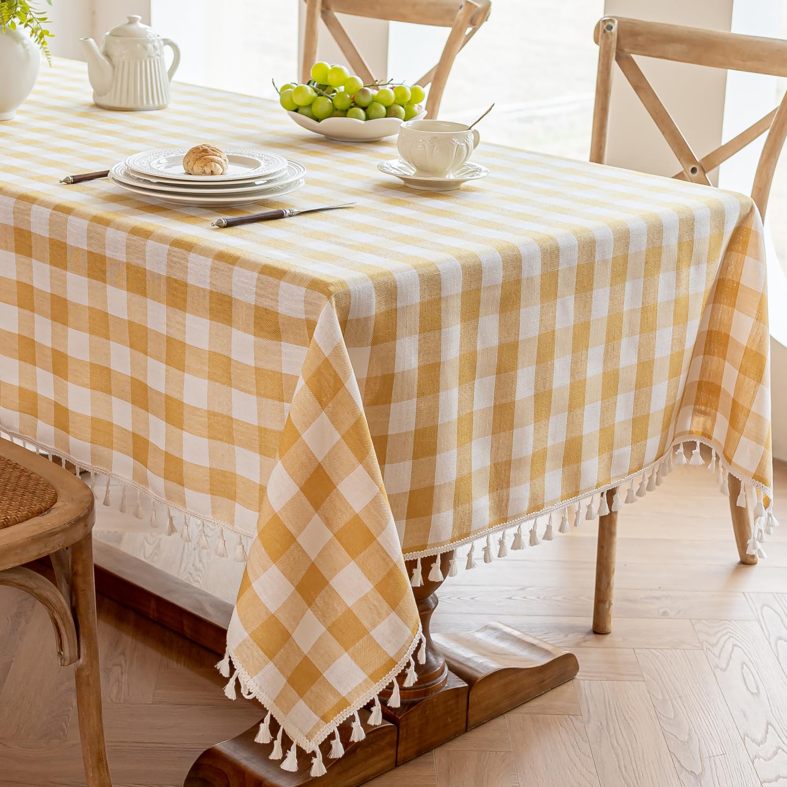 Alsoo Checkered Tablecloth Rectangle Cotton Linen Fabric Gingham Table Cloth Buffalo Plaid Table Cover with Tassel Wrinkle Free 