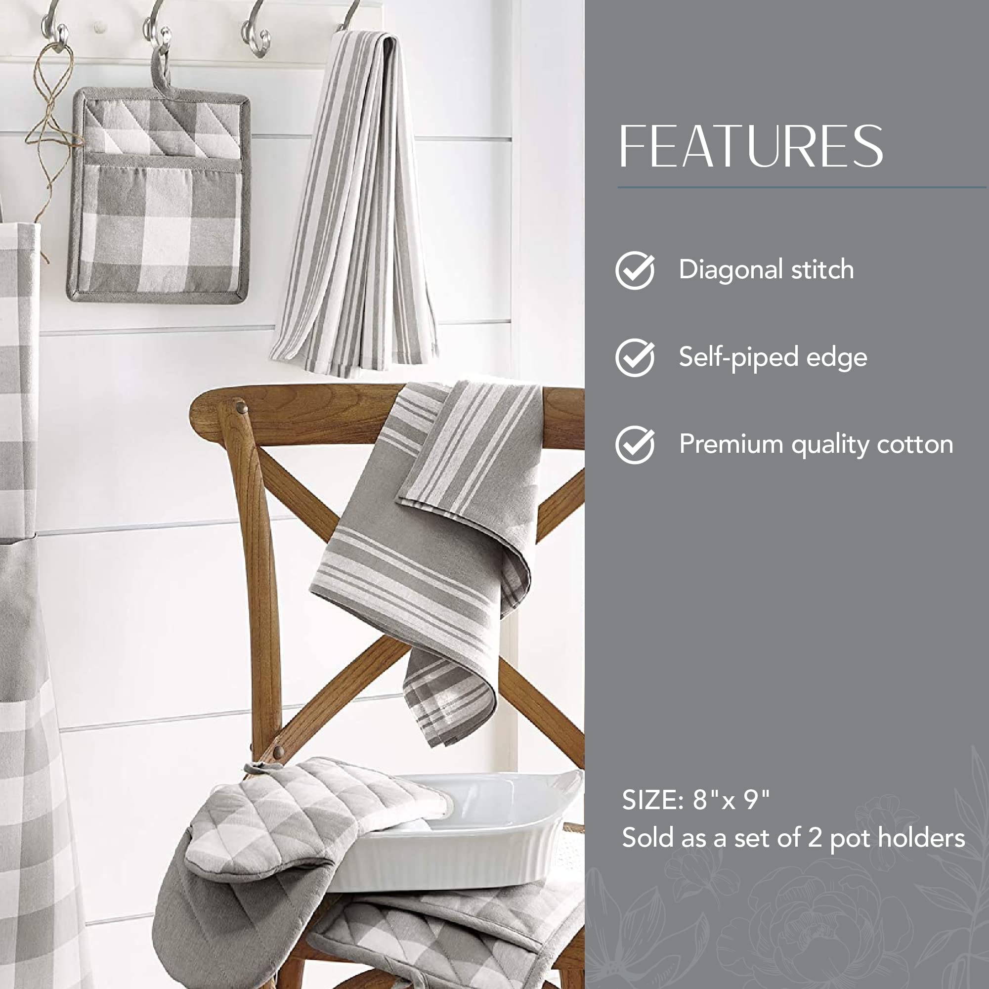 Elrene Home Fashions Farmhouse Living Buffalo-Check Pot-Holder Set, Rustic Pot Holders For Kitchen, Set Of 2, 8'' X 9'', Gray/Wh