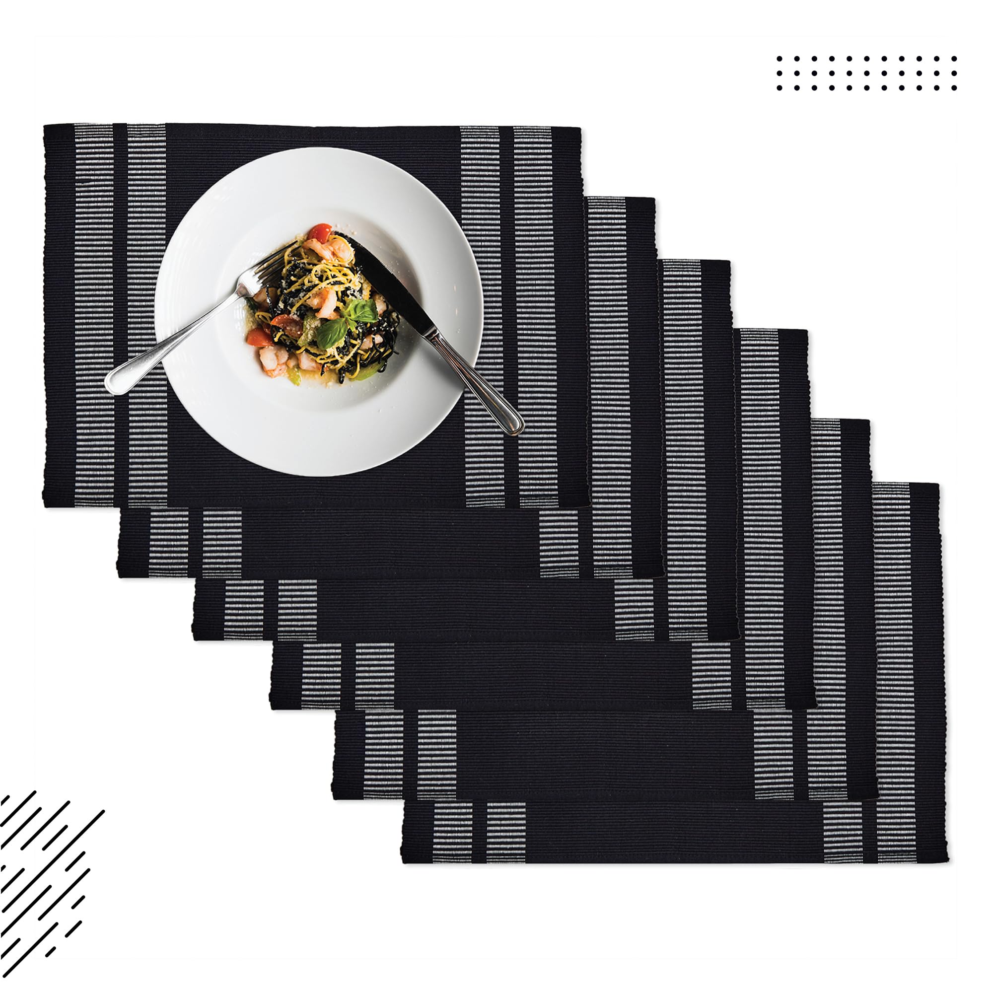 Encasa Xo Dining Placemat Set Of 6 | Ladder Black Color | Fine Ribbed Cotton Table Mat | Size 18X13 In | Machine Washable