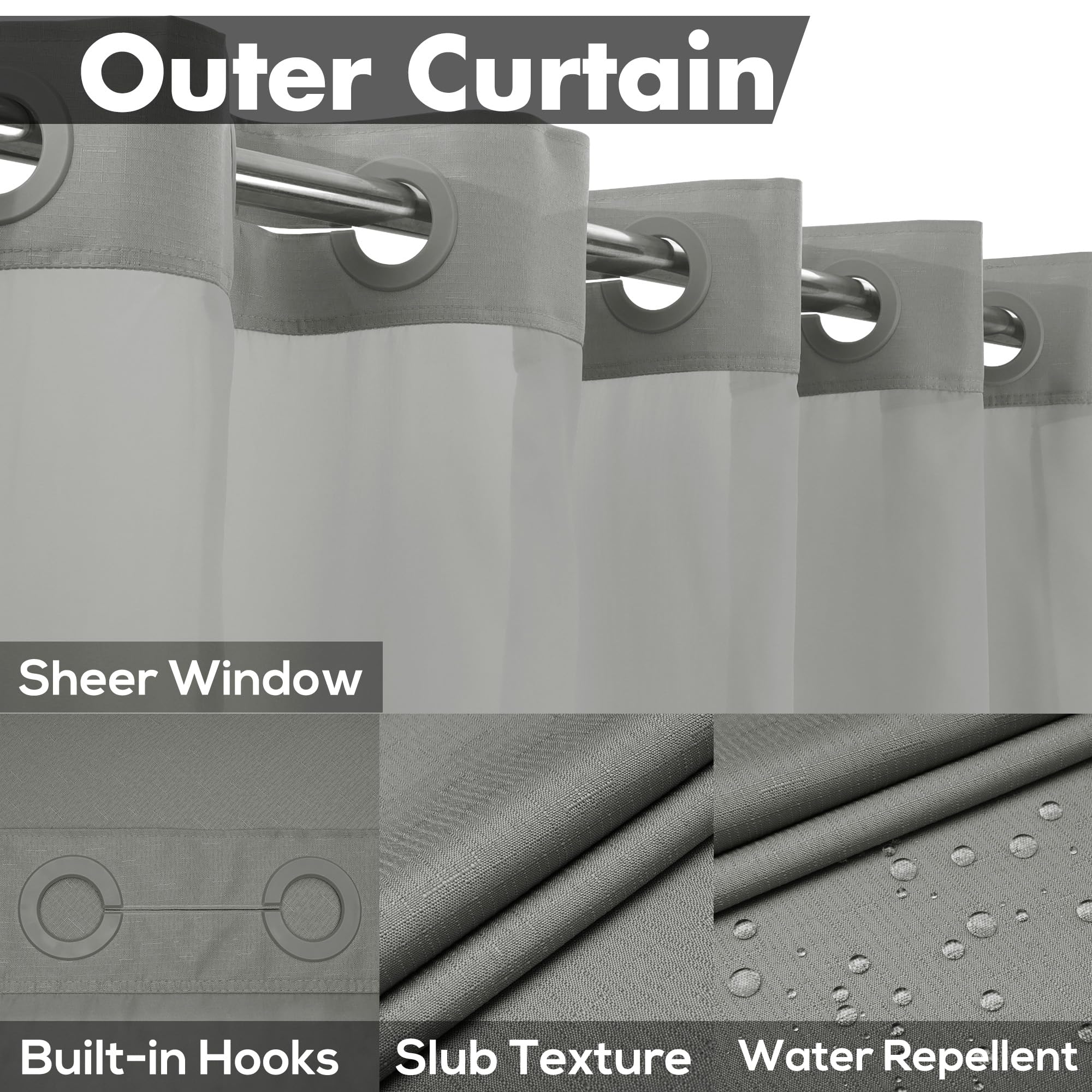 No Hook Slub Textured Shower Curtain with Waterproof PEVA Liner Set - 71'' x 74''(72'')  Hotel Style with See Through Top Window  Fabric Curtain & Waterproof Liner for Bathroom  Dark Gray  71x74