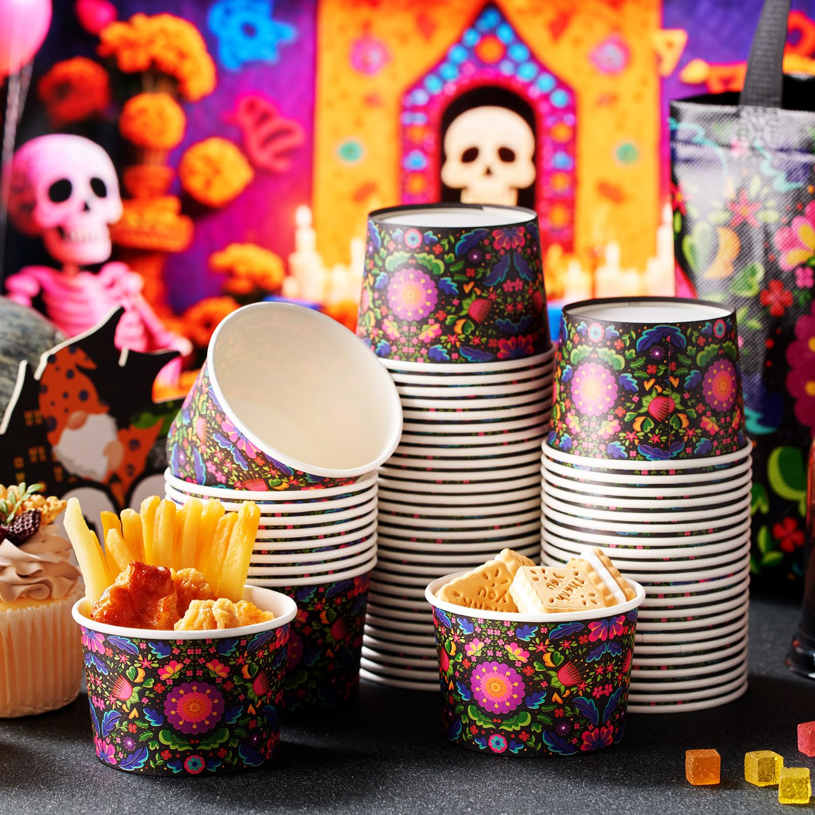 Zhehao 60 Pcs Mexican Halloween Paper Ice Cream Cups 9 oz Day of The Dead Disposable Dessert Bowls Snack Cups for Ice Cream Part