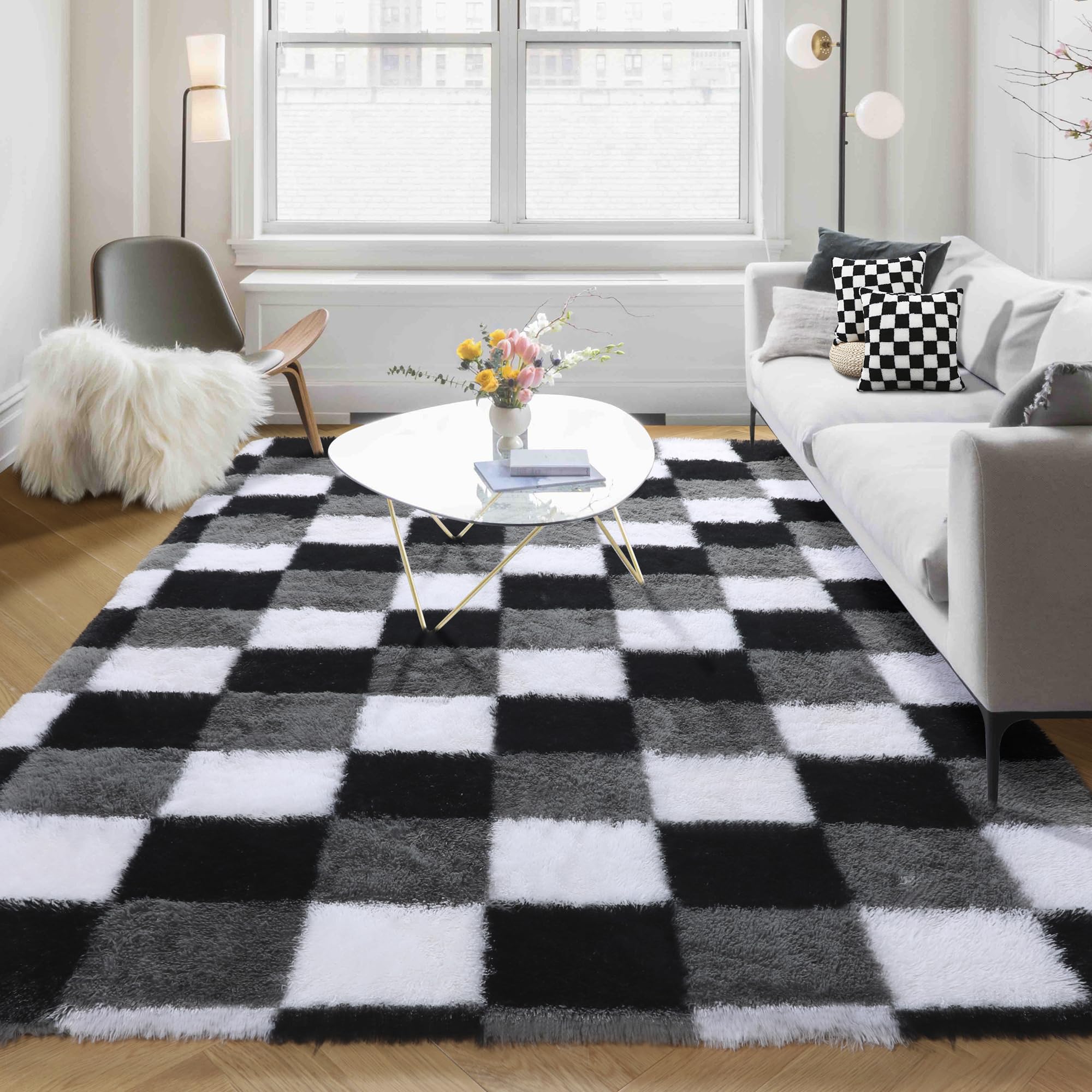 KICMOR Living Room Rugs 5x8, Fluffy Shag Fuzzy Plush Black White Grey Checkered Area Rug Furry Soft Shaggy Carpet for Bedroom, I
