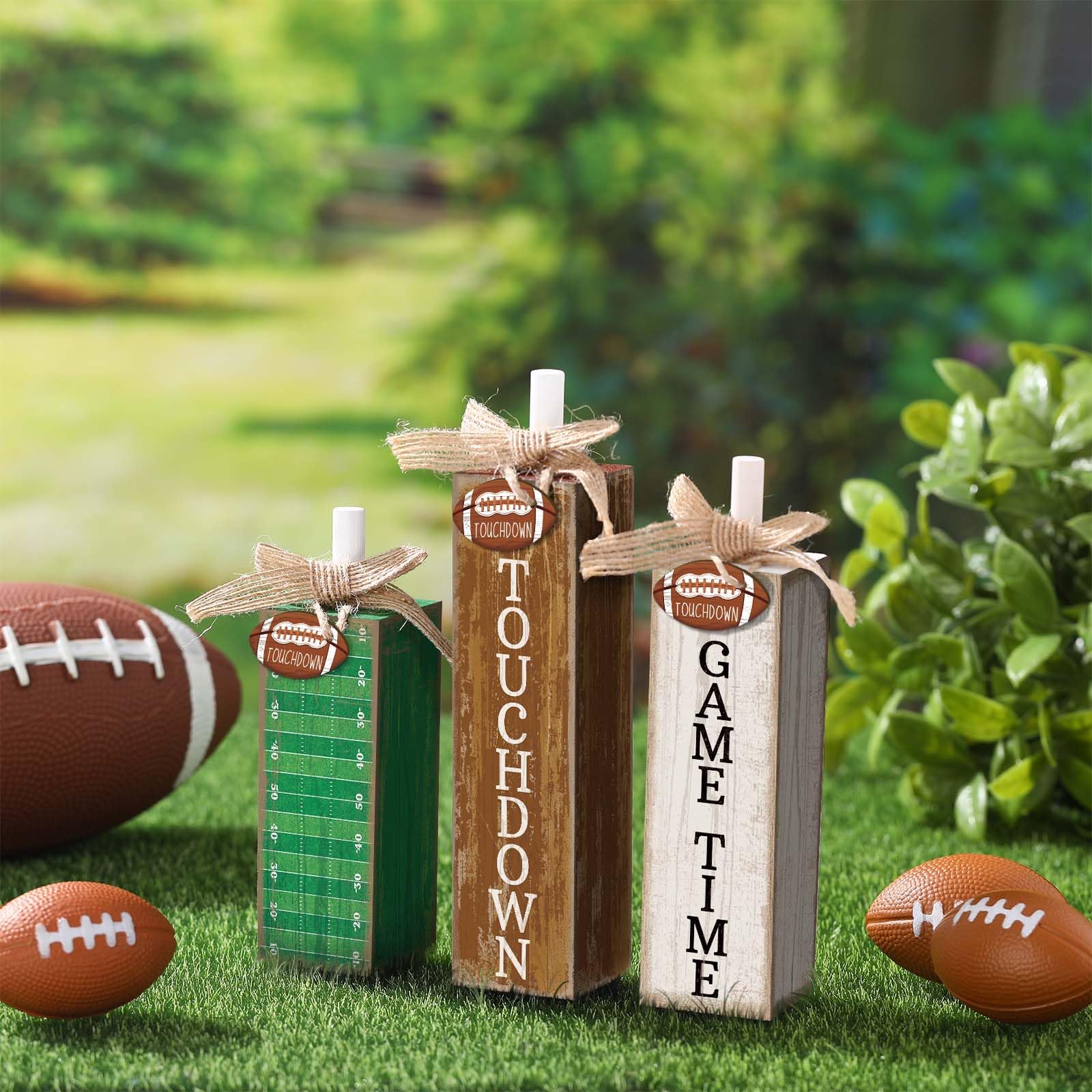 Yousoontic 3 Pcs Football Table Decorations Football Tiered Tray Decor Sport Game Centerpiece Touchdown Block Sign Gift for Fans