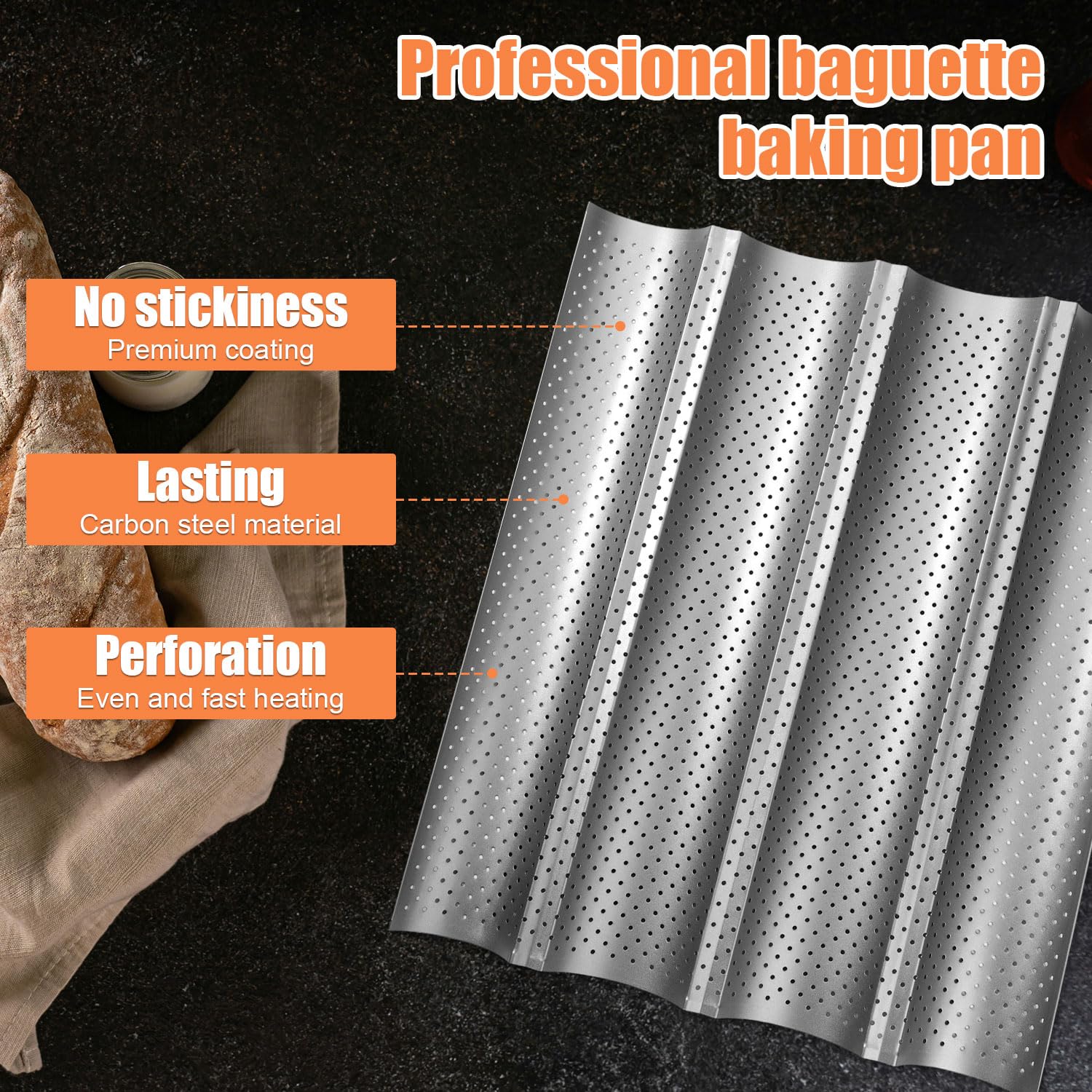 Lasuroa French Bread Baking Pan With Professional Proofing Cloth, 4 Loaves Baguette Bread Pan Long Sourdough Bread Baking Tray P