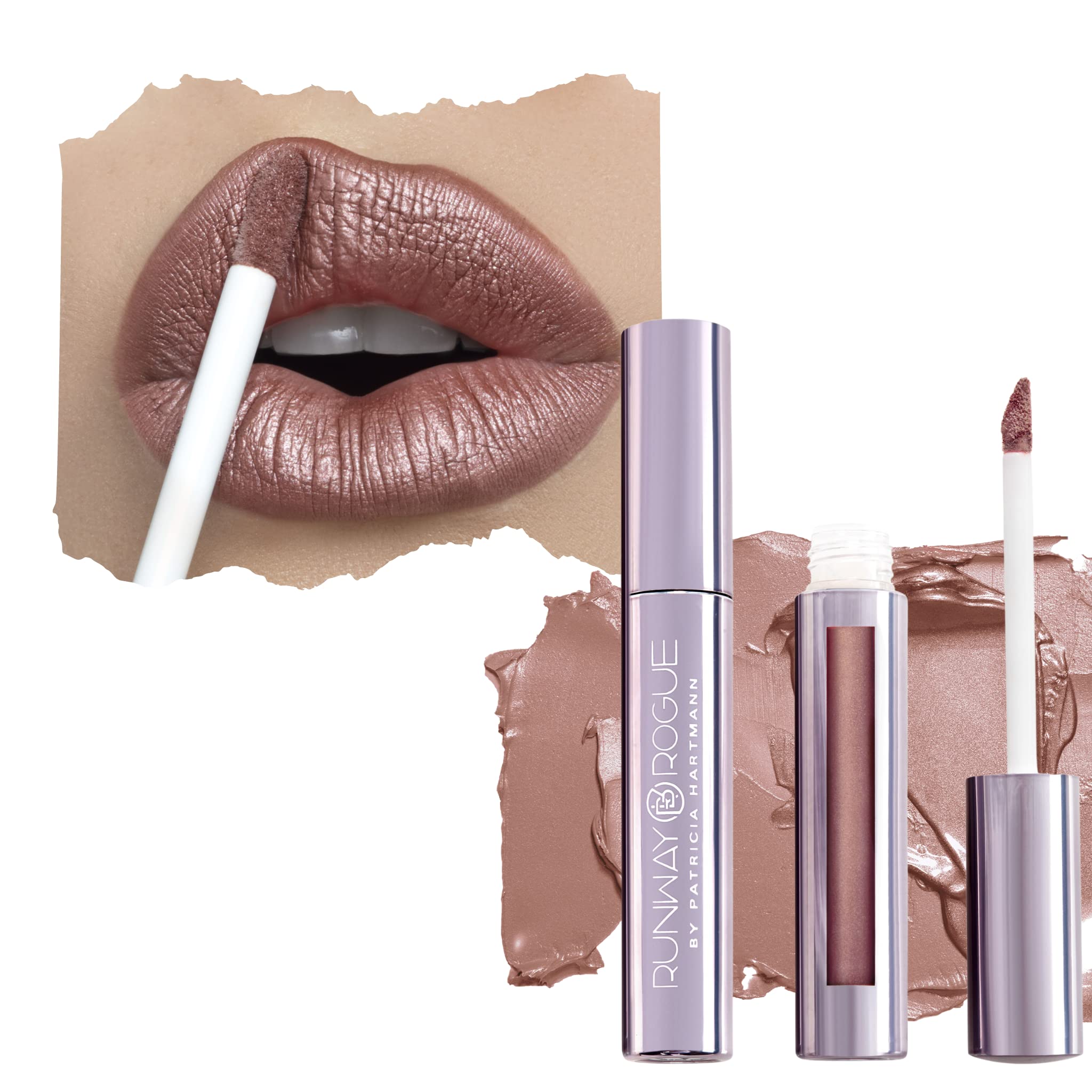 Runway Rogue Pearl Glam Shimmer Liquid Lipstick - Long Wear Nude/Dark-Pink, 1 Fl Oz, Soft Light, Model MP07R