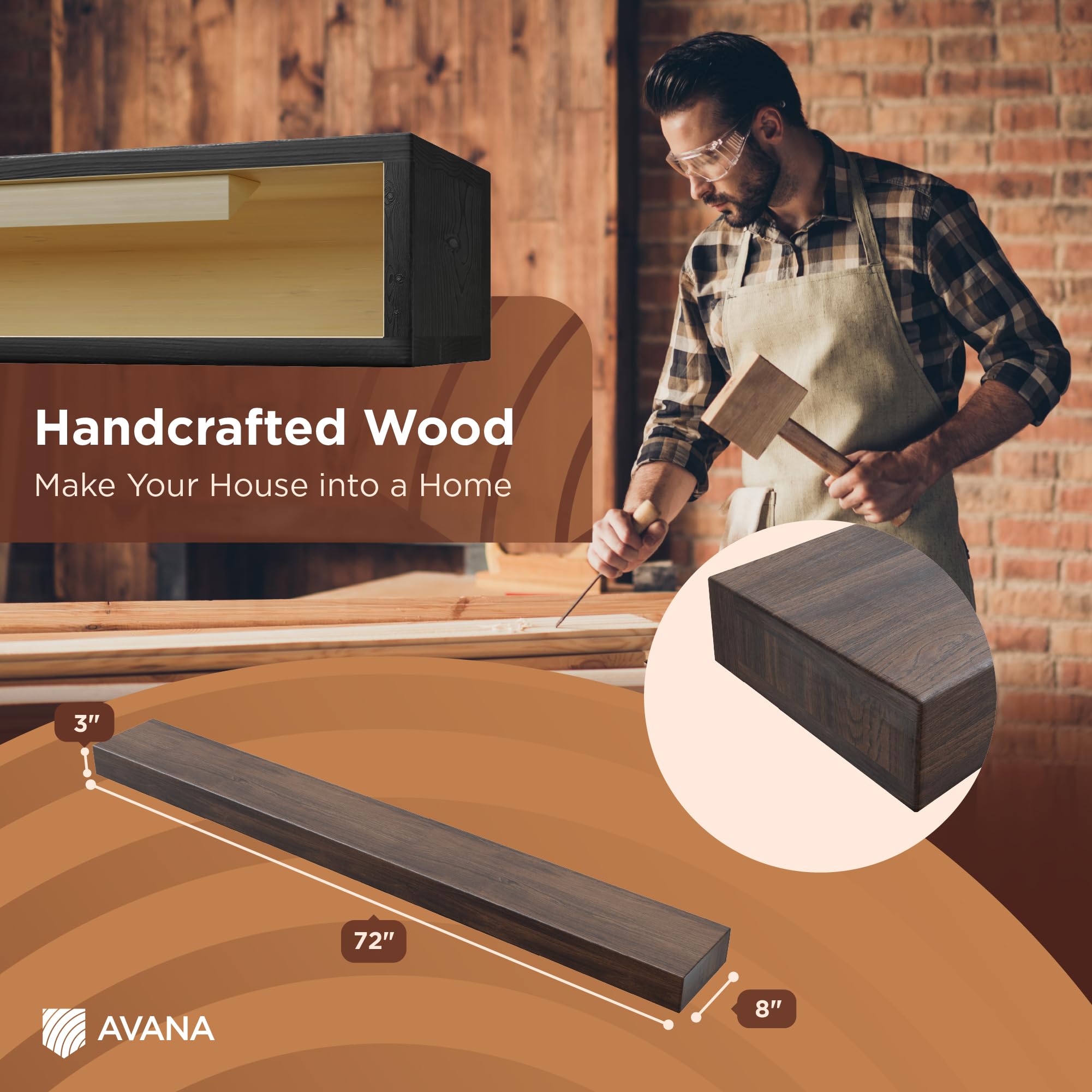 Avana Floating Fireplace Mantle - Mantles For Over Fireplace - Wall Mount Fireplace Mantel Shelves - Handcrafted Natural Wood Fi